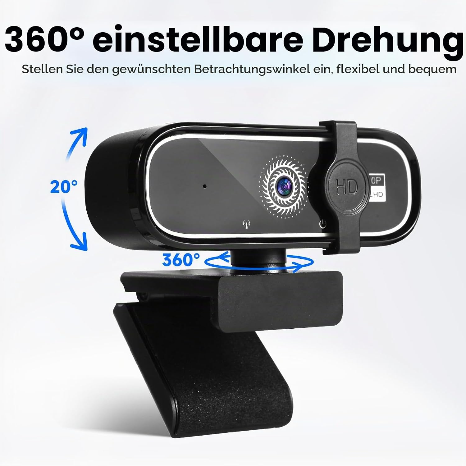 Eine schwarze Webcam mit 360 Grad einstellbarer Drehung und 20 Grad Neigung.