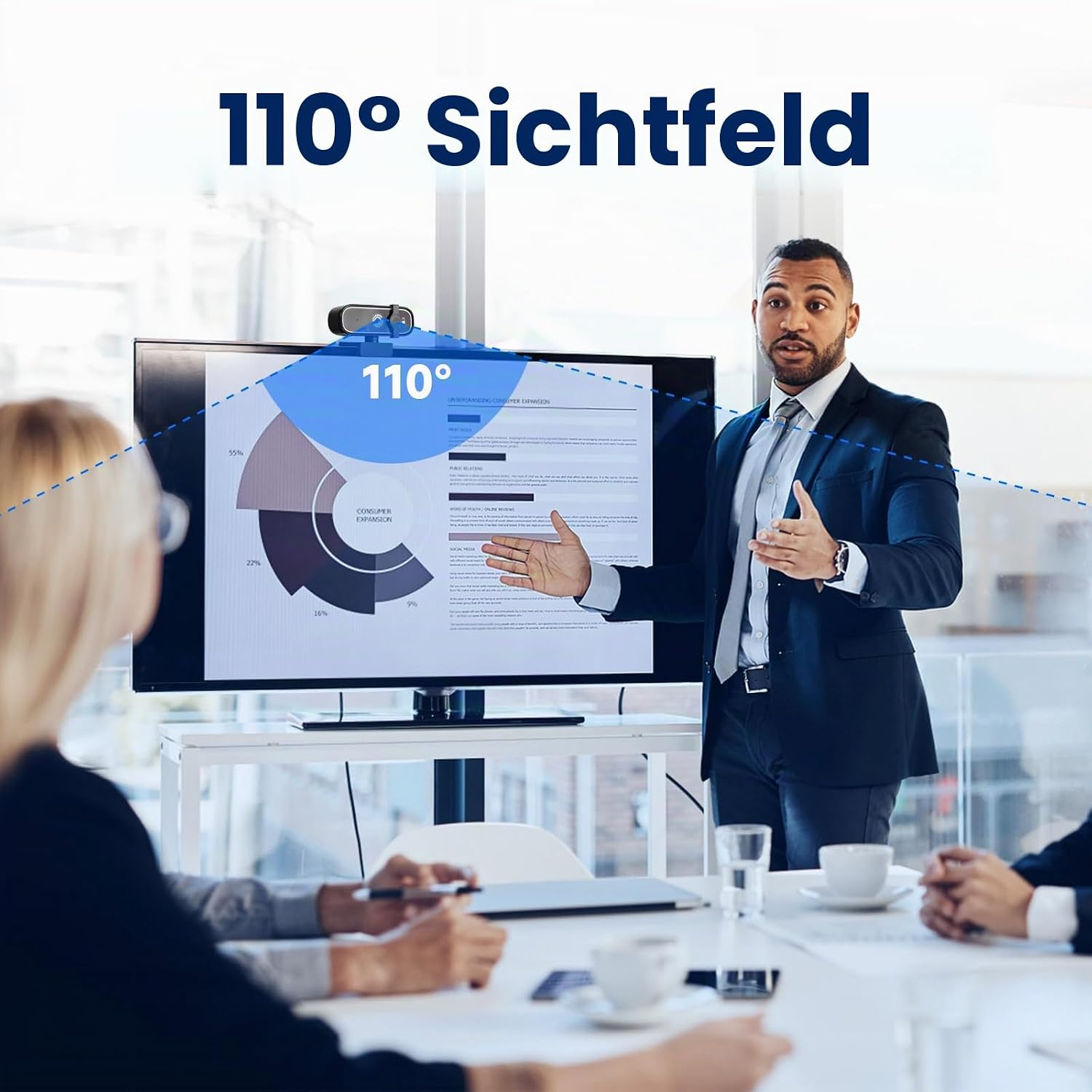 Ein Mann präsentiert in einem Meeting mit 110 Grad Sichtfeld.