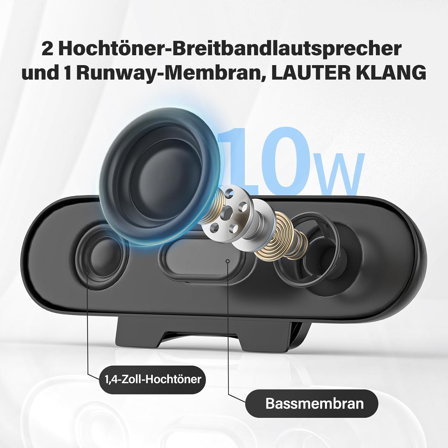 Schwarzer Lautsprecher mit freigelegten Hochtönern, Membran und 10W-Leistung.