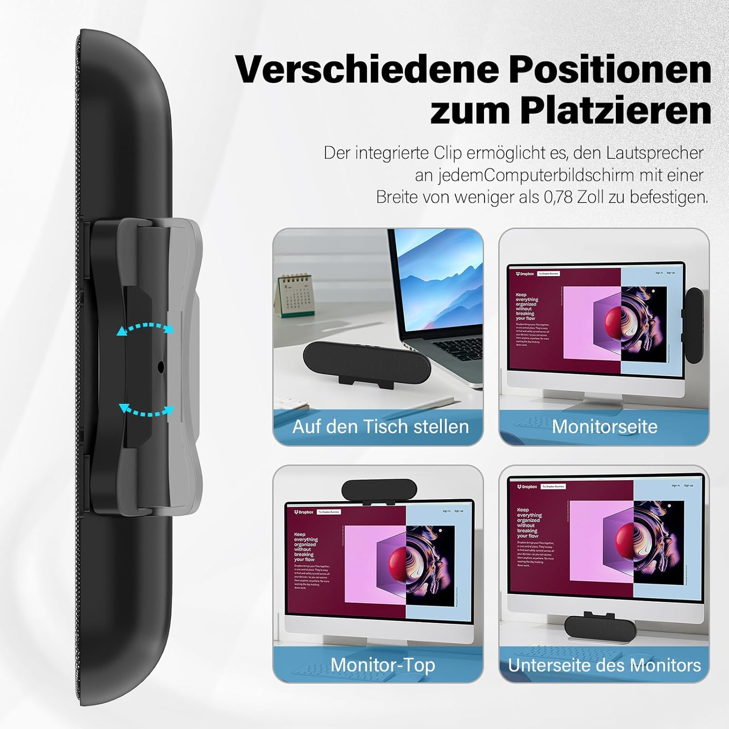 Clip-Halterung zeigt verschiedene Platzierungsoptionen für Lautsprecher an Bildschirmen.