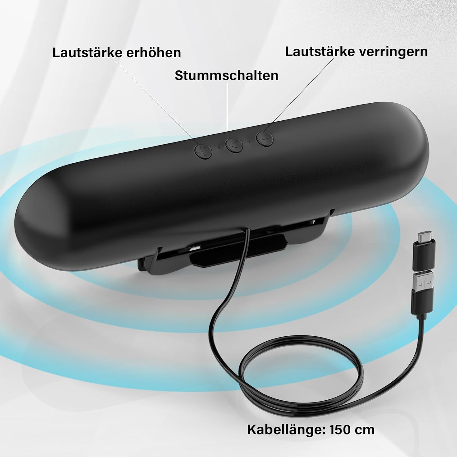 Schwarzer Lautsprecher mit Bedienelementen und USB-Kabel (150 cm).