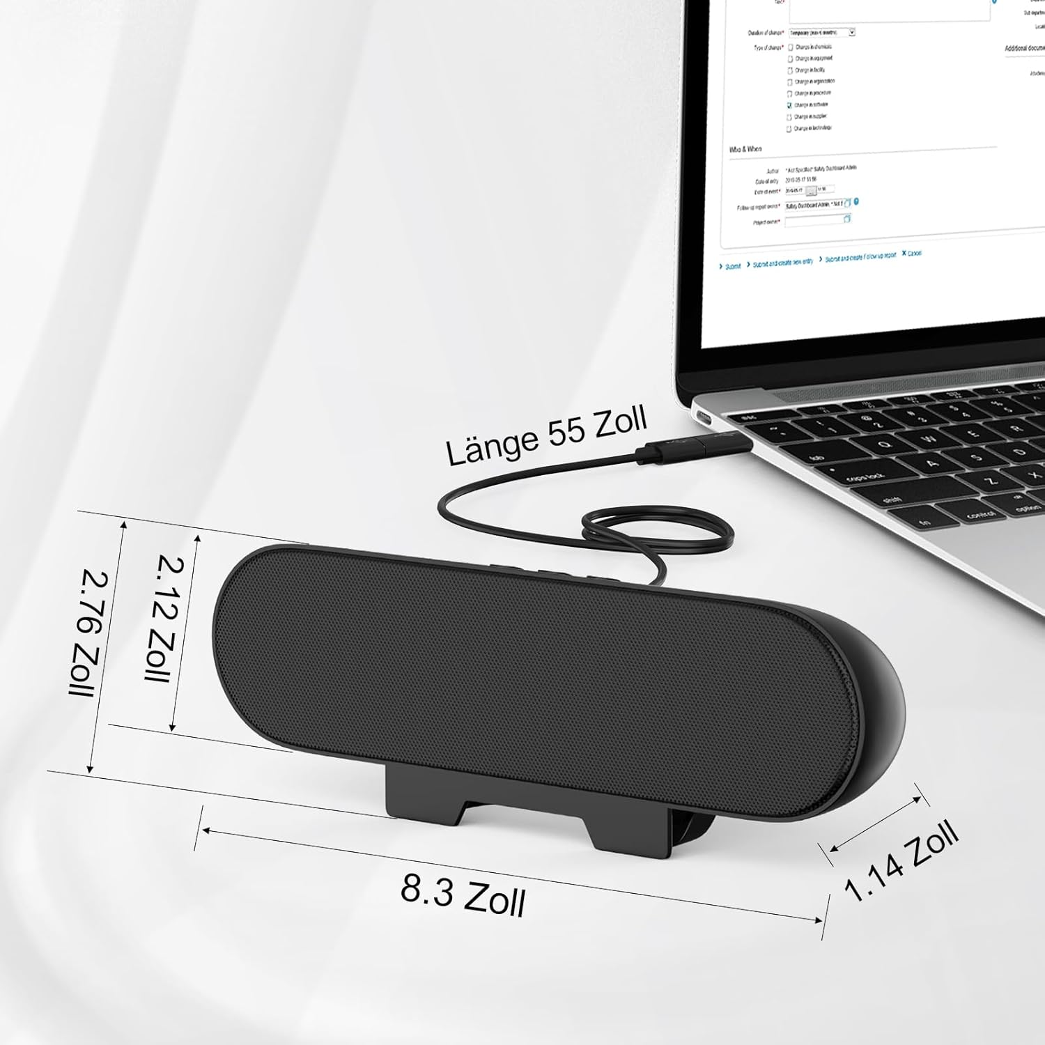 Schwarzer Lautsprecher mit Kabel, der an einen Laptop angeschlossen ist. Maße sind angegeben.