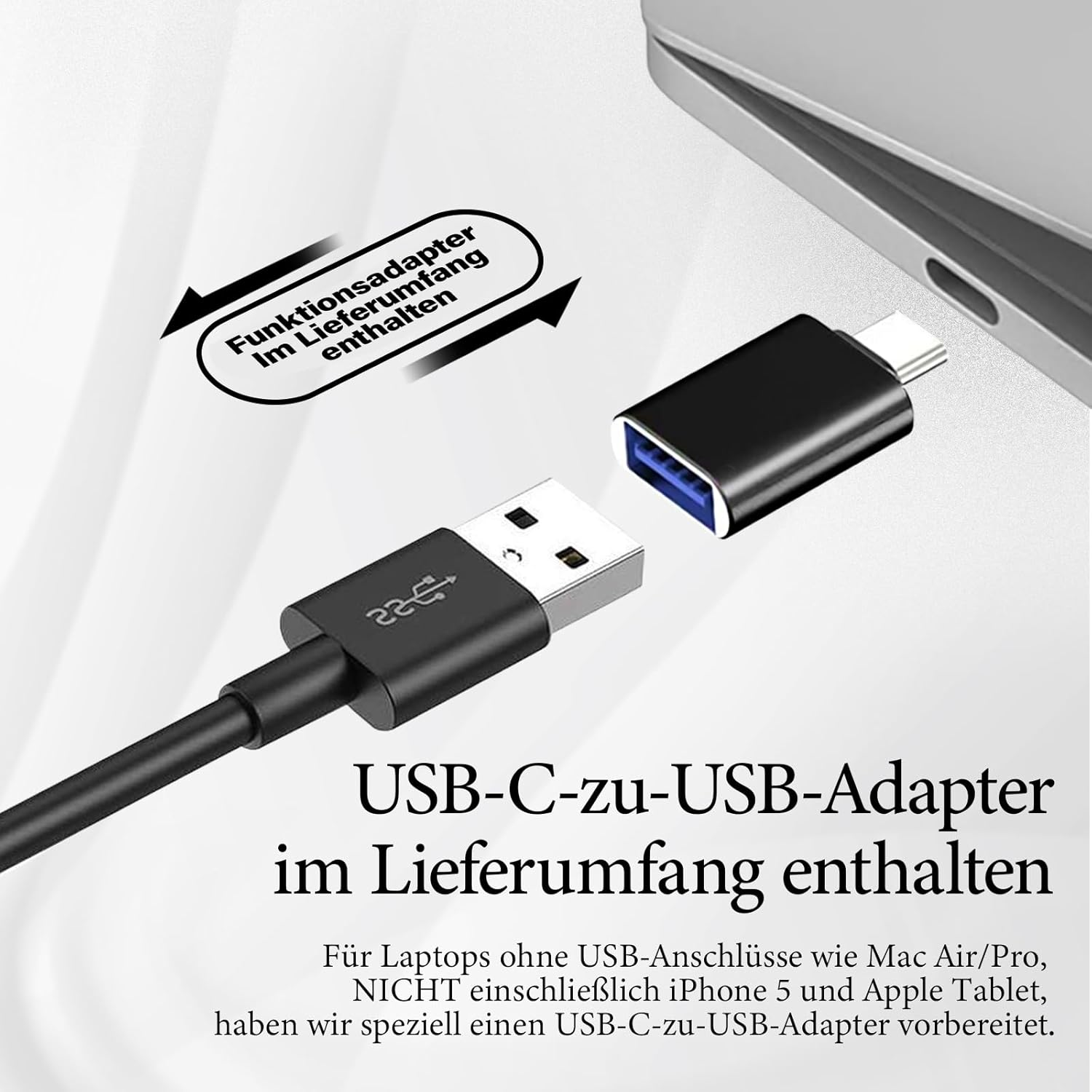 Ein USB-C-zu-USB-Adapter ist im Lieferumfang enthalten.