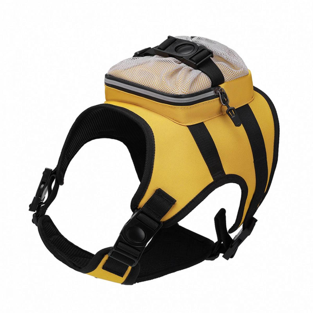 Gelbe Hundeweste mit schwarzen Streifen und aufgesetzter Tasche.