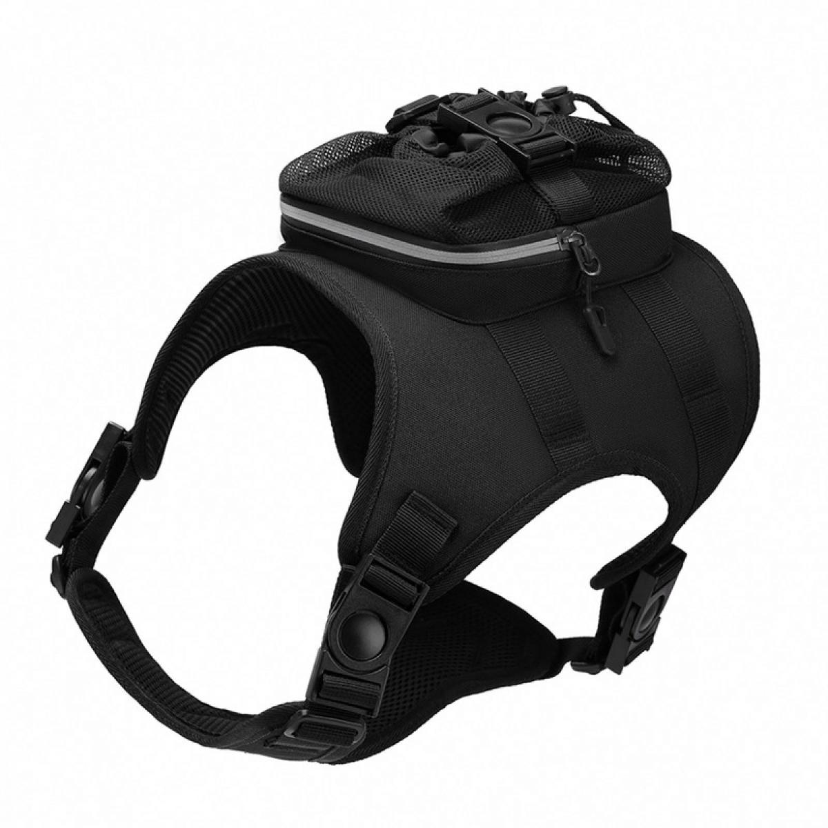 Schwarzer Hundegeschirr mit kleiner Tasche und reflektierendem Streifen.