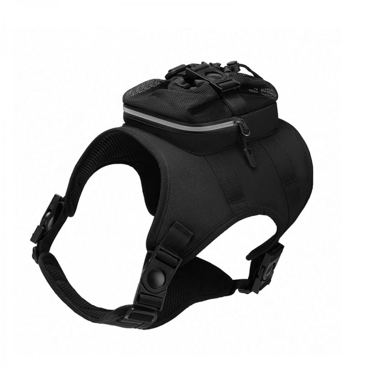 Schwarzer Hundegeschirr mit integrierter Tasche und Reflektorstreifen.