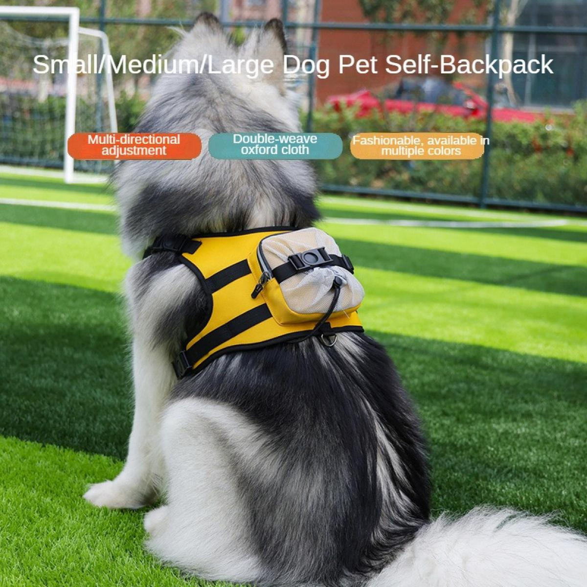 Ein Husky sitzt auf Kunstrasen, trägt eine gelbe Weste mit schwarzem Riemen und einer kleinen Tasche.