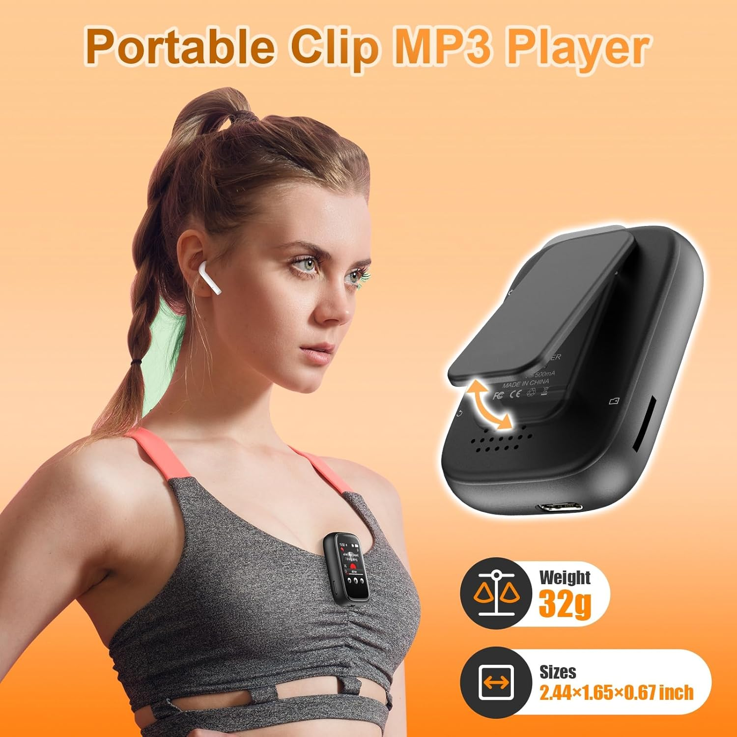 Eine Frau trägt einen MP3-Player am Sport-BH. Daneben ein Clip-MP3-Player, Gewicht und Größe.
