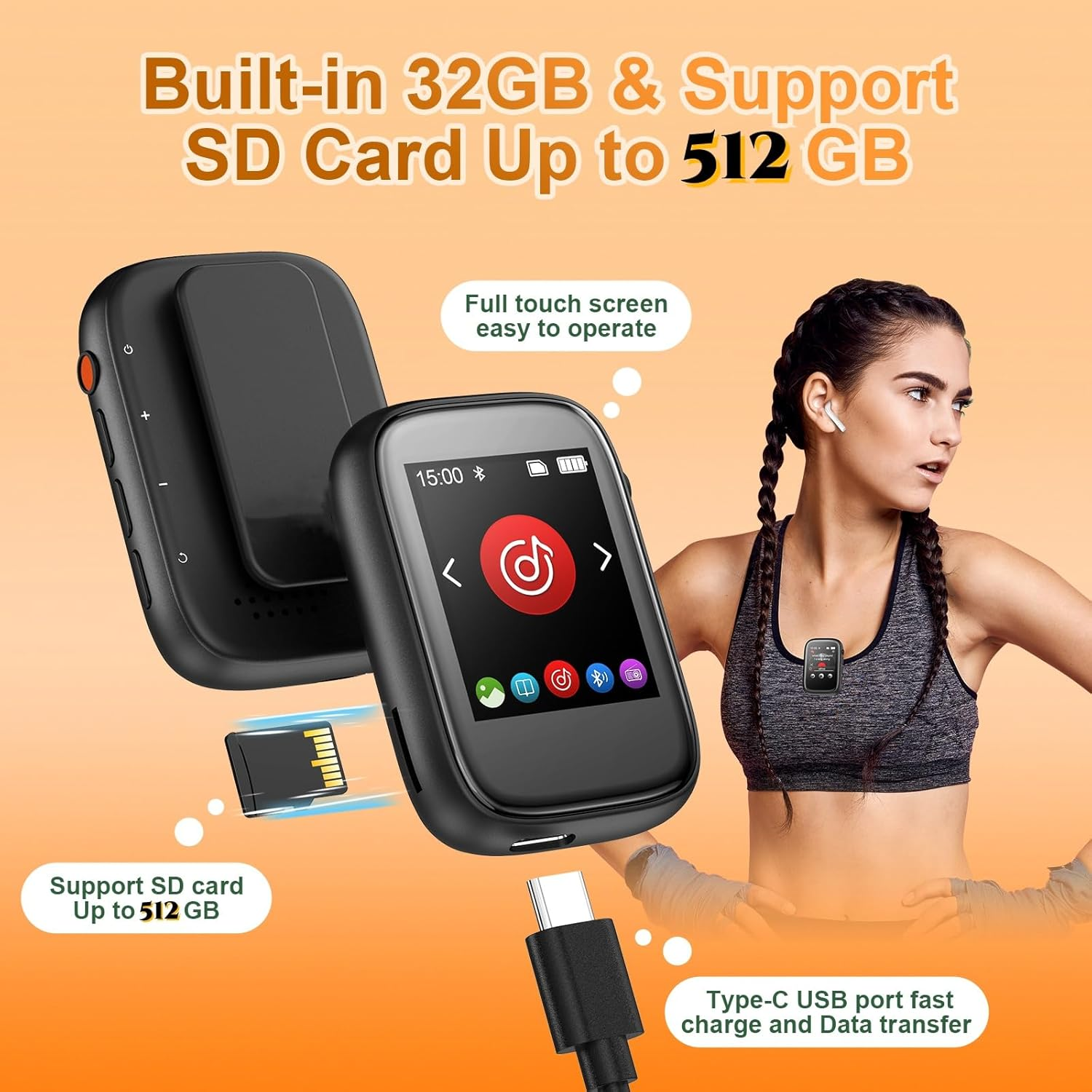 Ein schwarzer MP3-Player mit Touchscreen, SD-Karte, USB-C und eine Sportlerin.