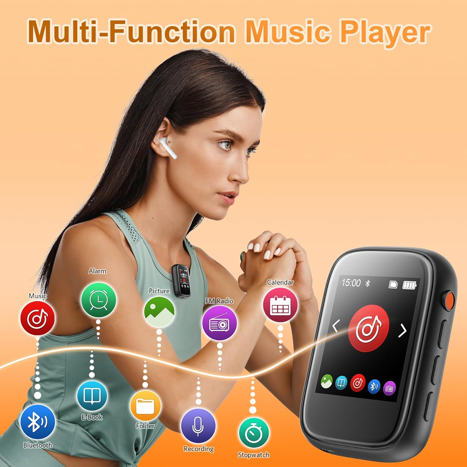 Frau mit Kopfhörern, die einen multifunktionalen Musik-Player mit Symbolen zeigt.