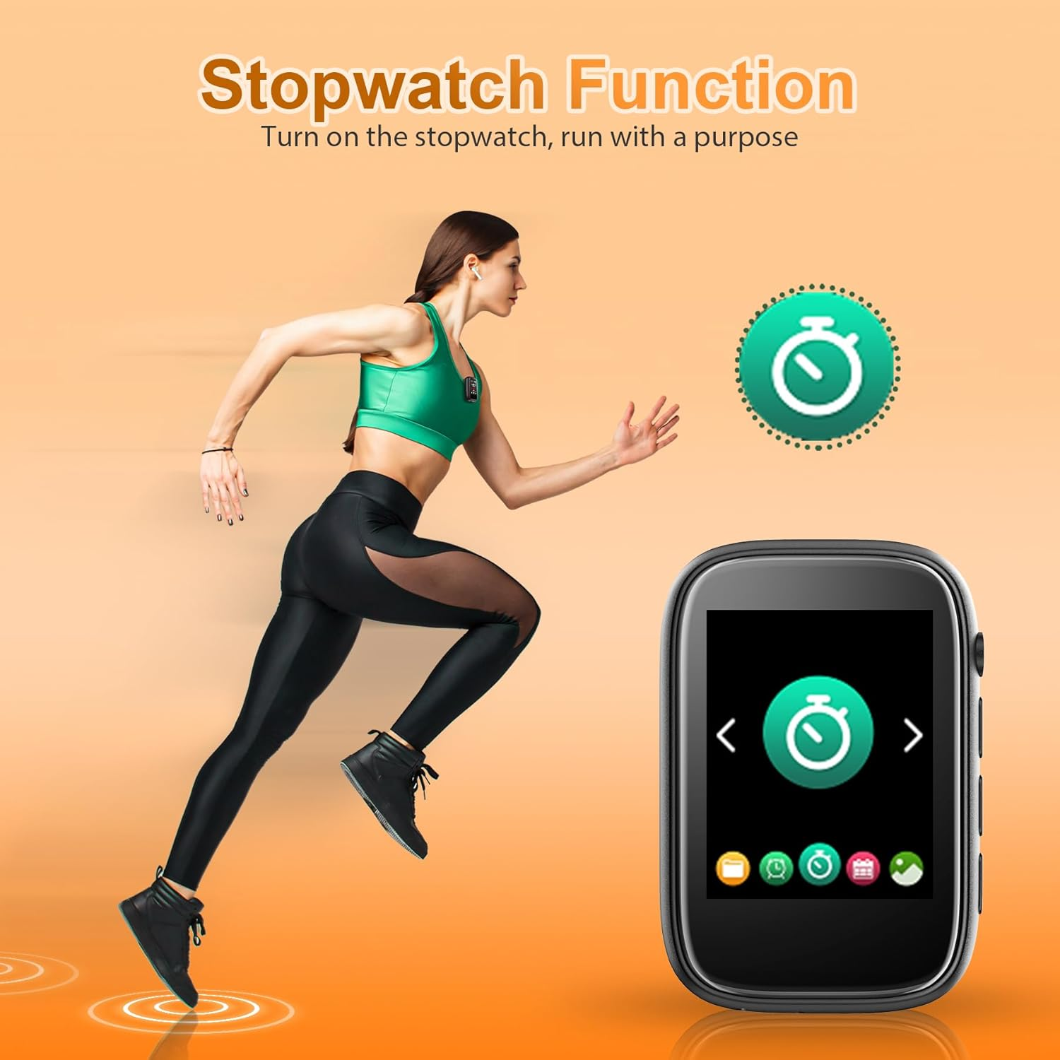 Eine Frau in Sportkleidung rennt mit einem Smartwatch, das eine Stoppuhr anzeigt.