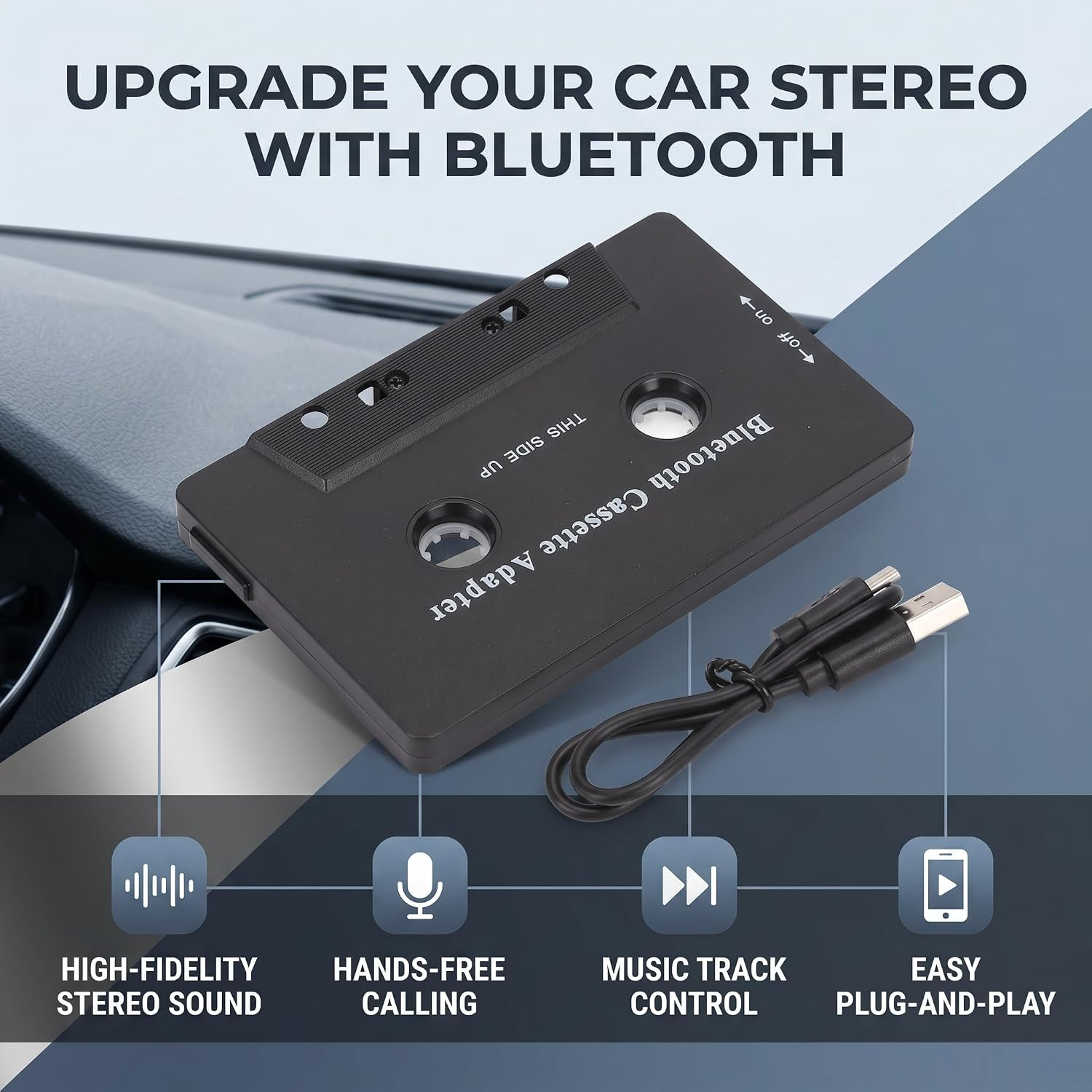 Schwarz Bluetooth Kassettenadapter mit USB-Kabel und Funktionen.