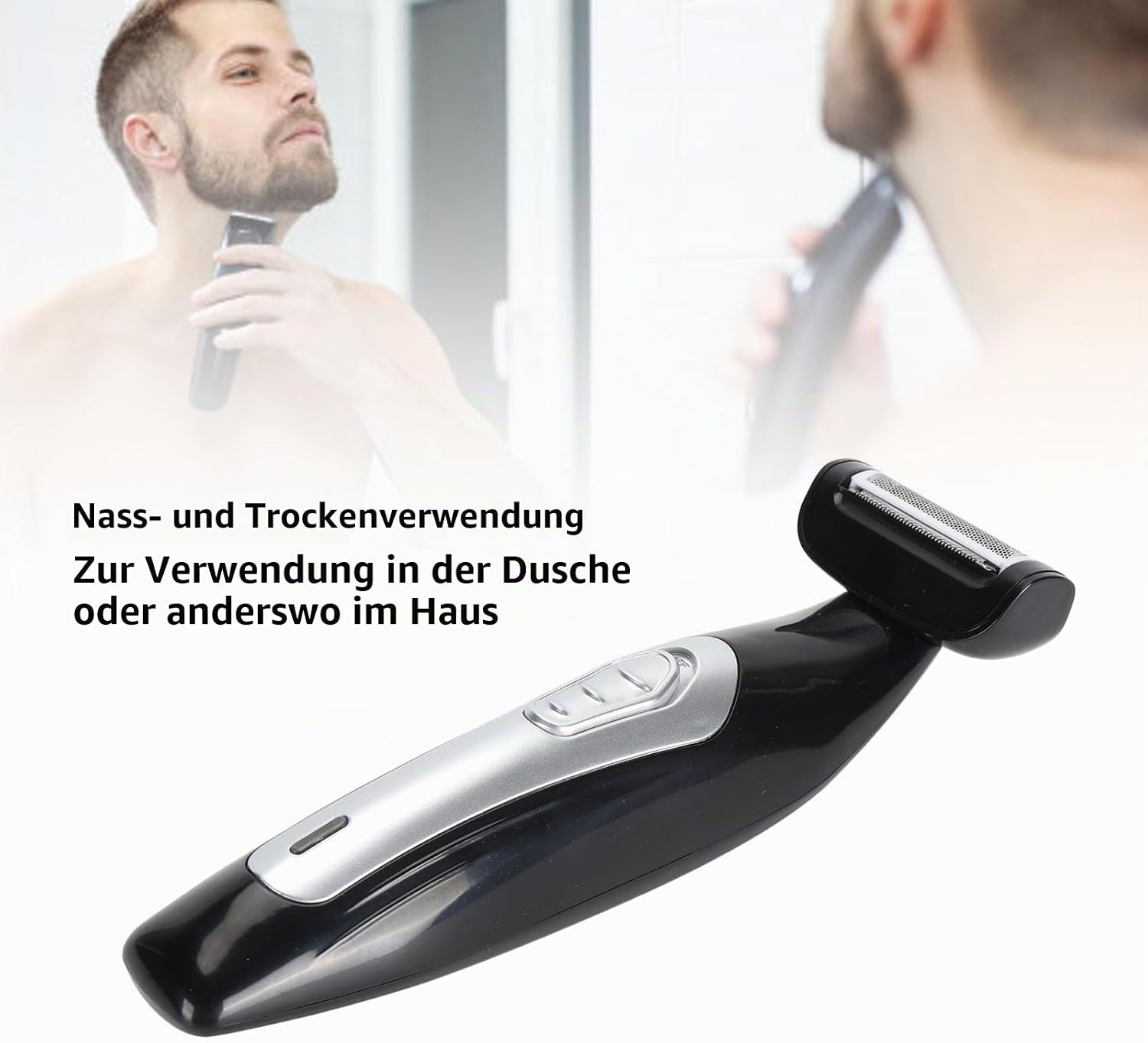 Ein Mann rasiert sich im Spiegel mit einem schwarzen und silbernen Trimmer, der nass oder trocken verwendet werden kann.