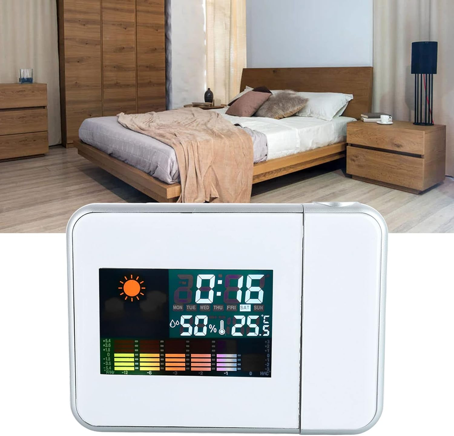 Ein digitales Wetterstation zeigt die Uhrzeit 0:16, 50% Luftfeuchtigkeit und 25°C.