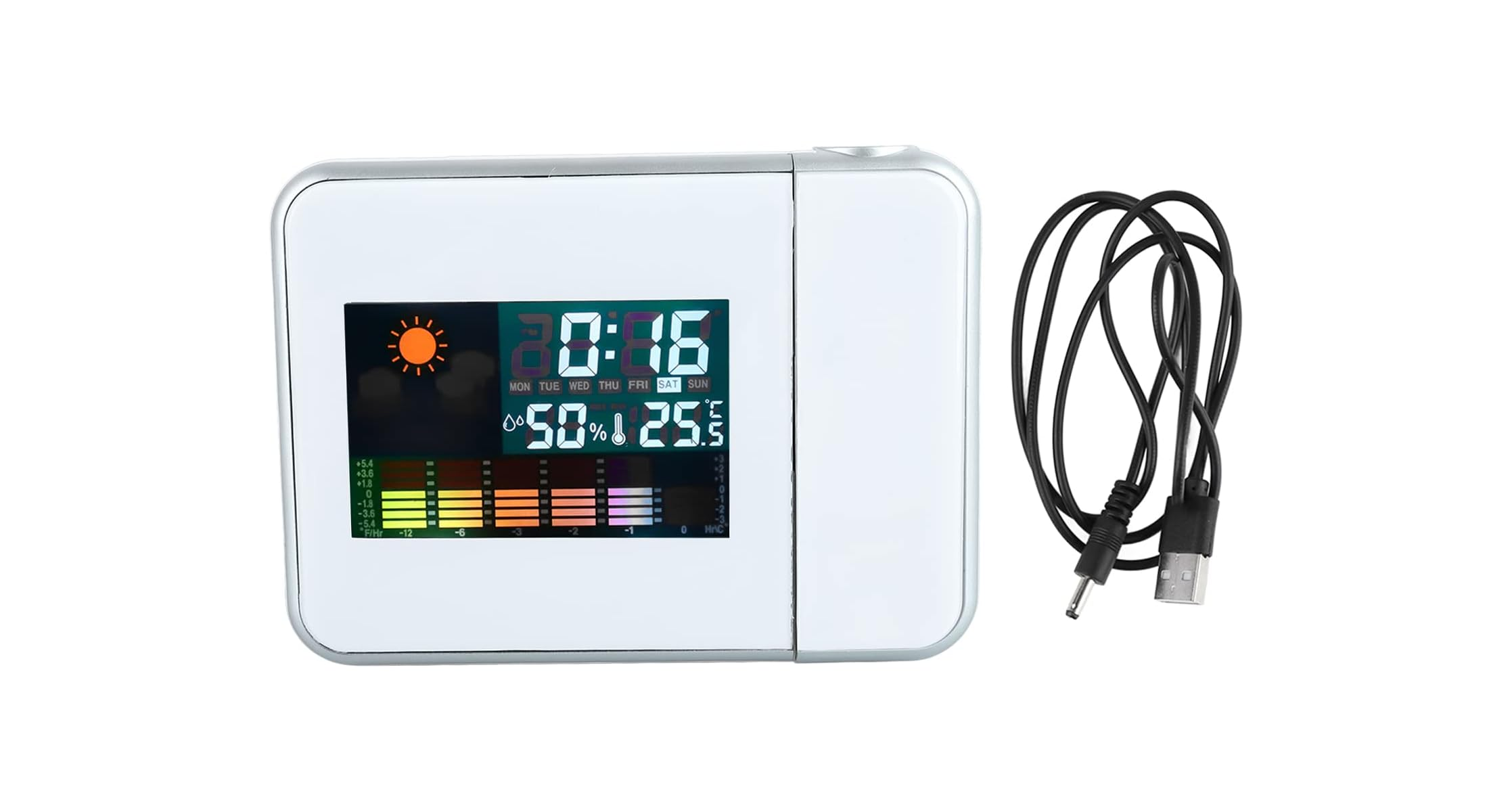 Weiße digitale Wetterstation mit Uhrzeit, Datum, Luftfeuchtigkeit, Temperatur und Vorhersage. USB-Kabel.