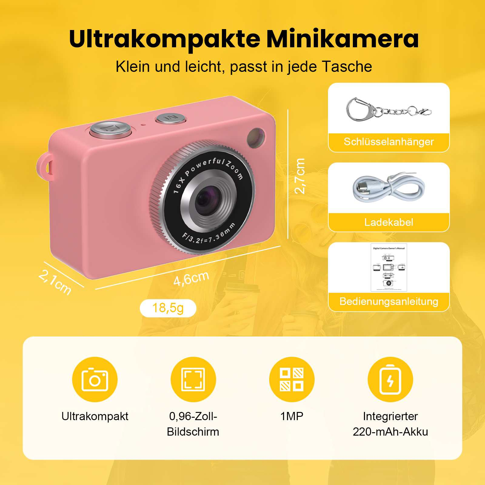 Eine kleine rosa Digitalkamera mit Zubehör wie Schlüsselanhänger und Ladekabel.