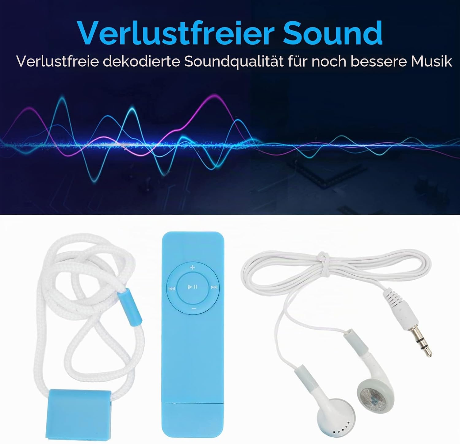 Ein blauer MP3-Player mit Kopfhörern und Lanyard auf weißem Hintergrund.