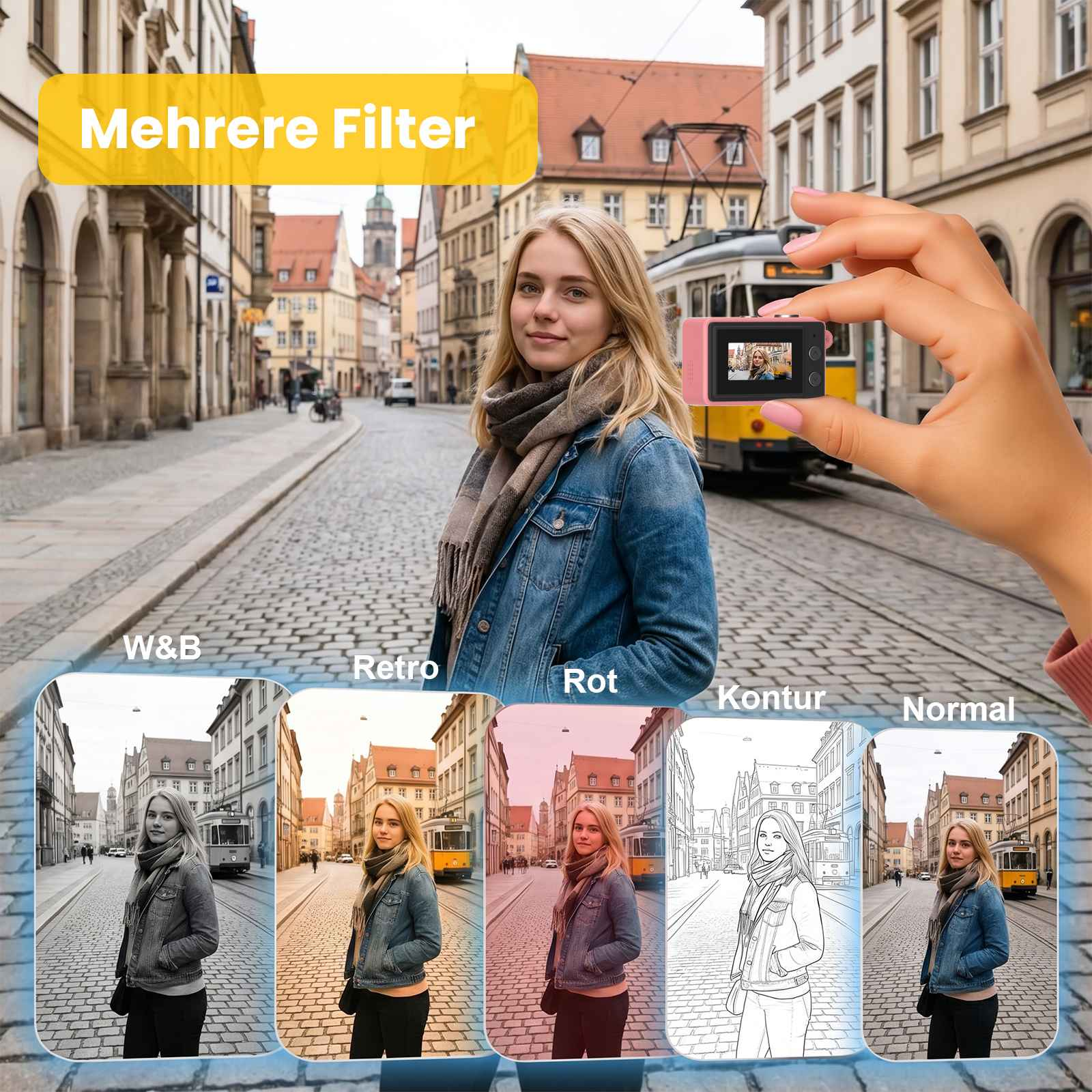 Frau mit Kamera vor einer Stadtkulisse mit Straßenbahn und verschiedenen Fotofiltern.