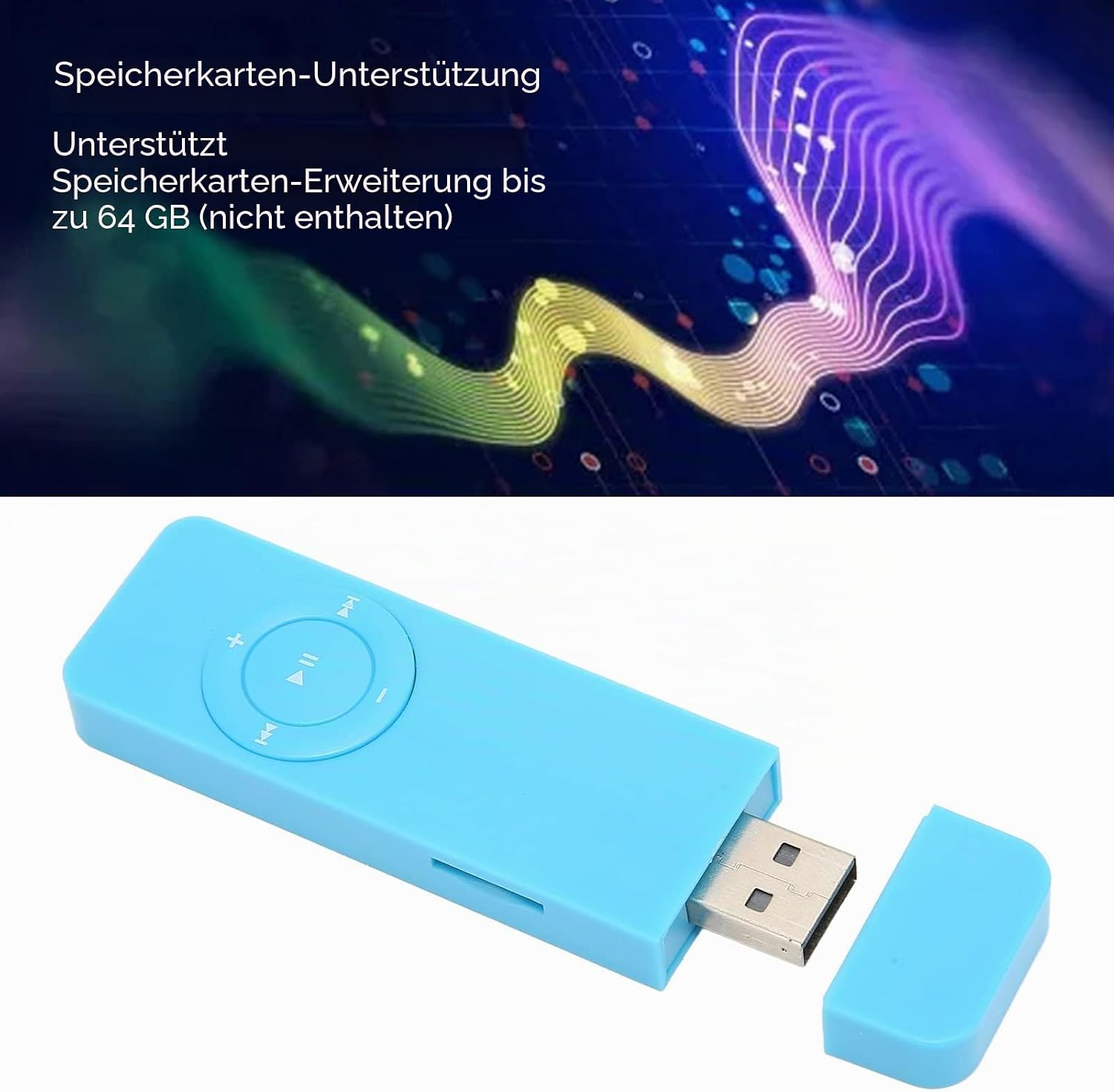 Ein hellblaues USB-Gerät mit Bedienelementen und einem USB-Anschluss.