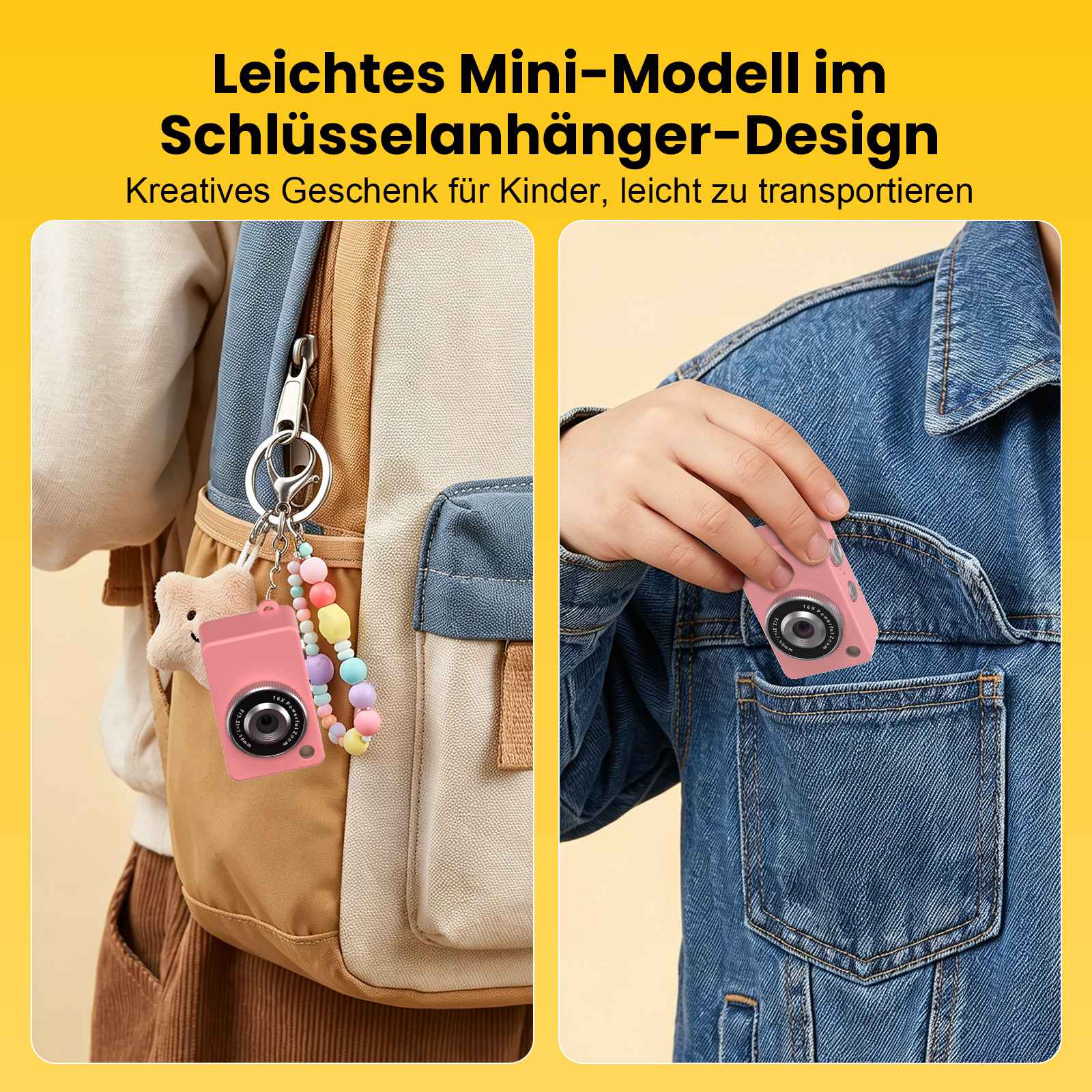 Ein pinker Mini-Kamera-Schlüsselanhänger hängt an einem Rucksack, und eine Hand steckt eine ähnliche Kamera in eine Jeansjackentasche.