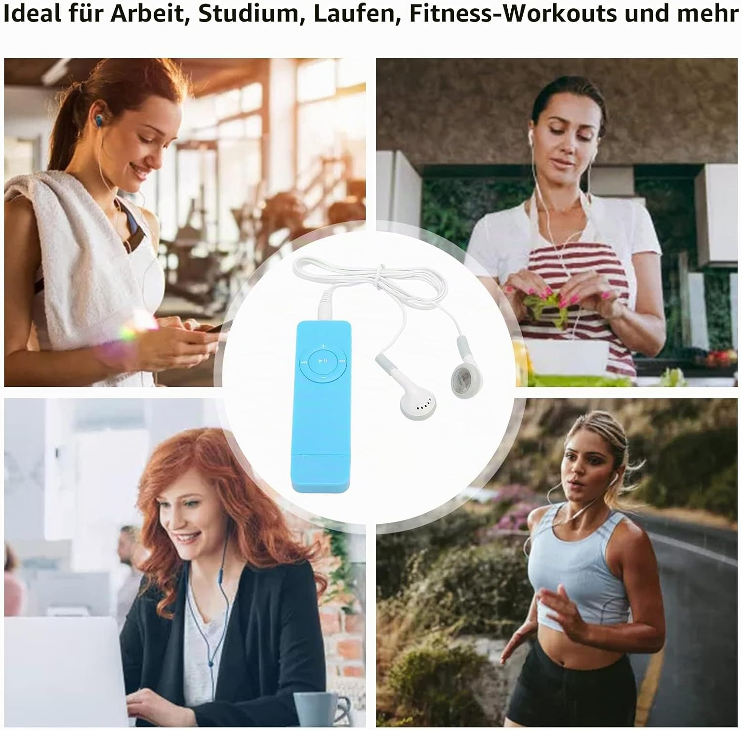 Vier Szenen: Frau im Fitnessstudio, Frau kocht, Frau am Laptop, Läuferin bei Regen. Blauer MP3-Player.