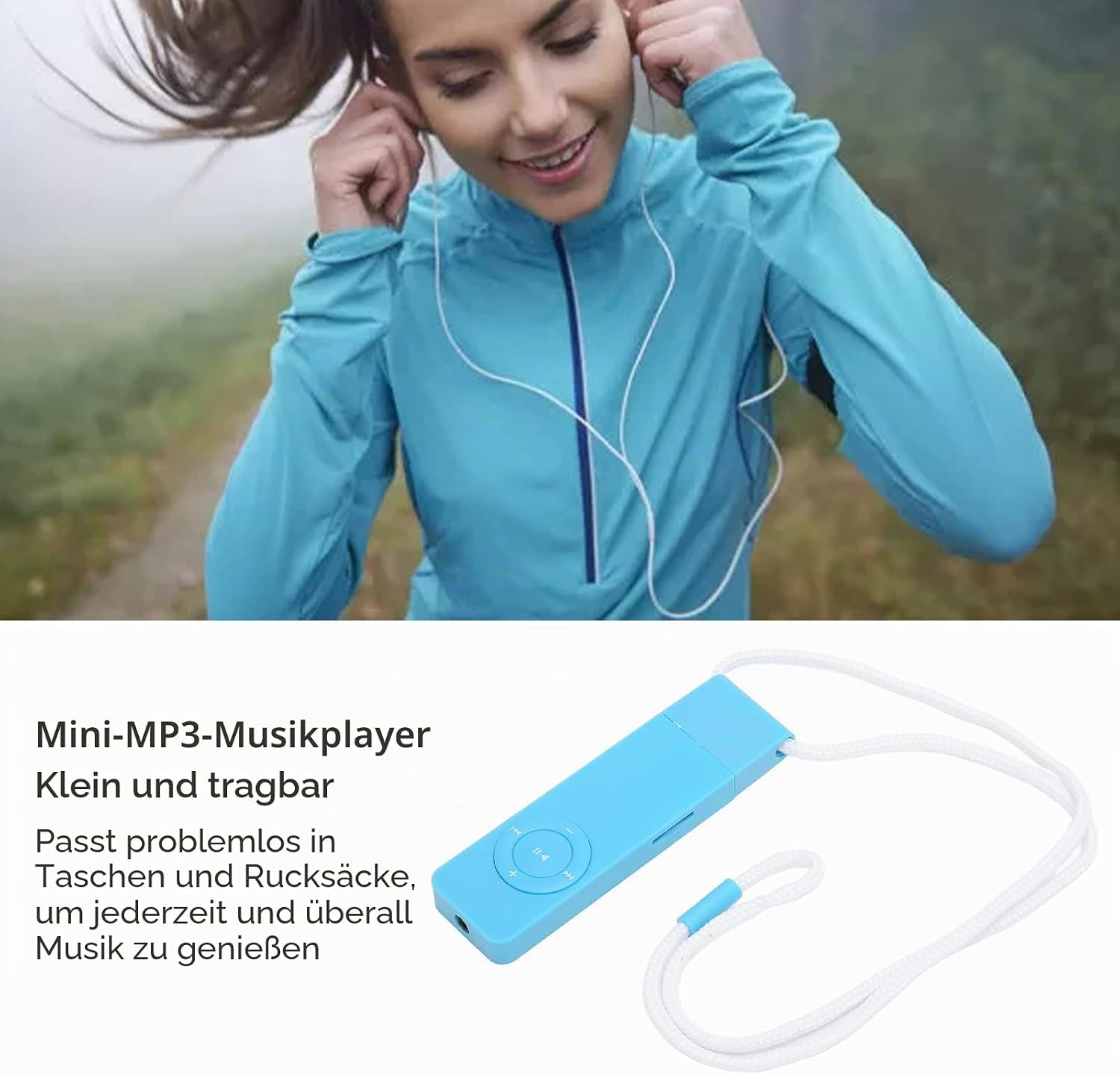 Eine Frau mit Kopfhörern und ein blauer Mini-MP3-Player mit Lanyard.