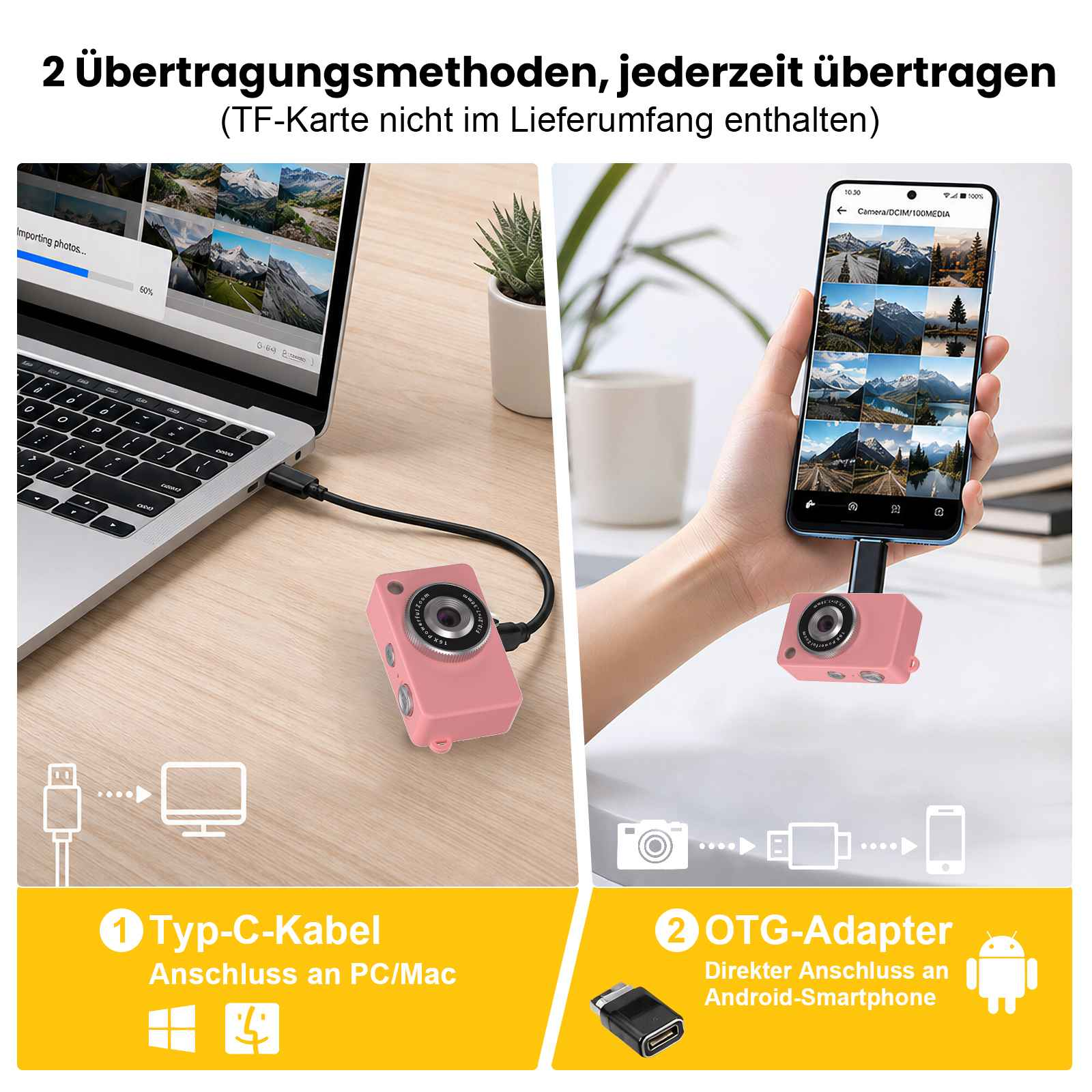 Ein rosa Mini-Kamera-Set mit Kabel und OTG-Adapter, das an einen Laptop und ein Smartphone angeschlossen wird.