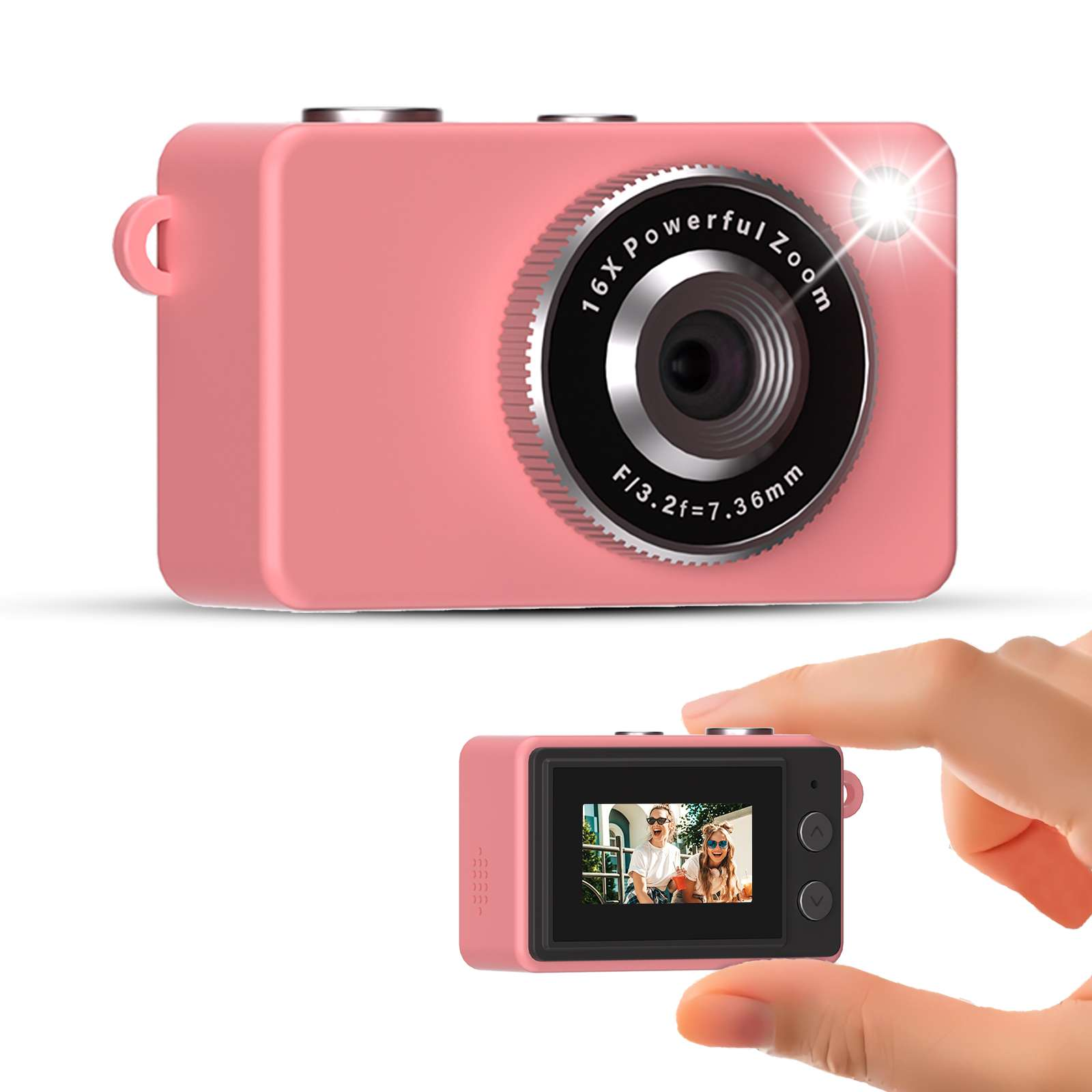Eine rosa Digitalkamera und eine kleinere rosa Kamera, die von Fingern gehalten wird. Die kleine Kamera zeigt ein Foto von zwei Frauen und einem Hund.