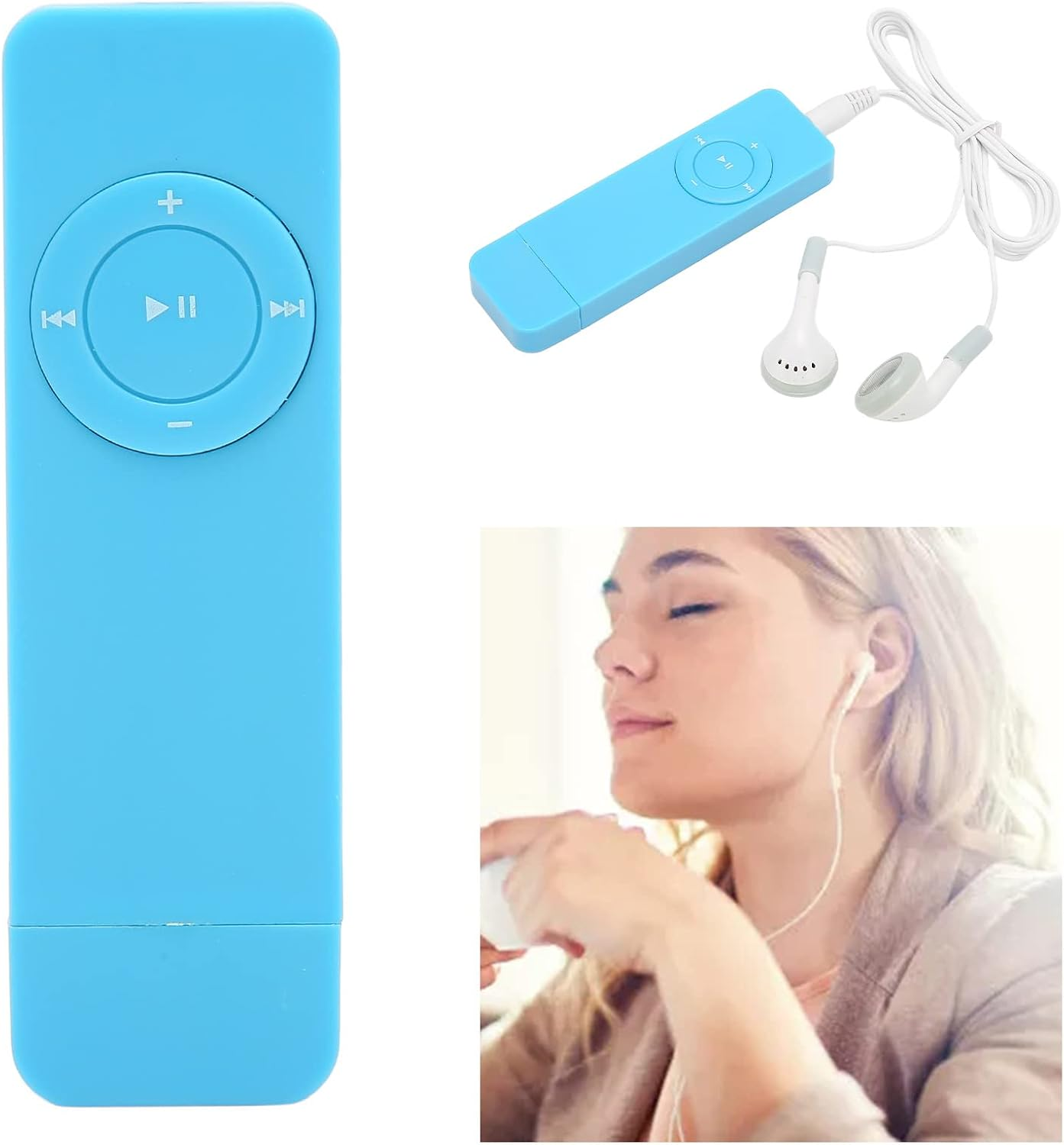 Ein hellblauer MP3-Player mit Kopfhörern und eine Frau, die Musik hört.