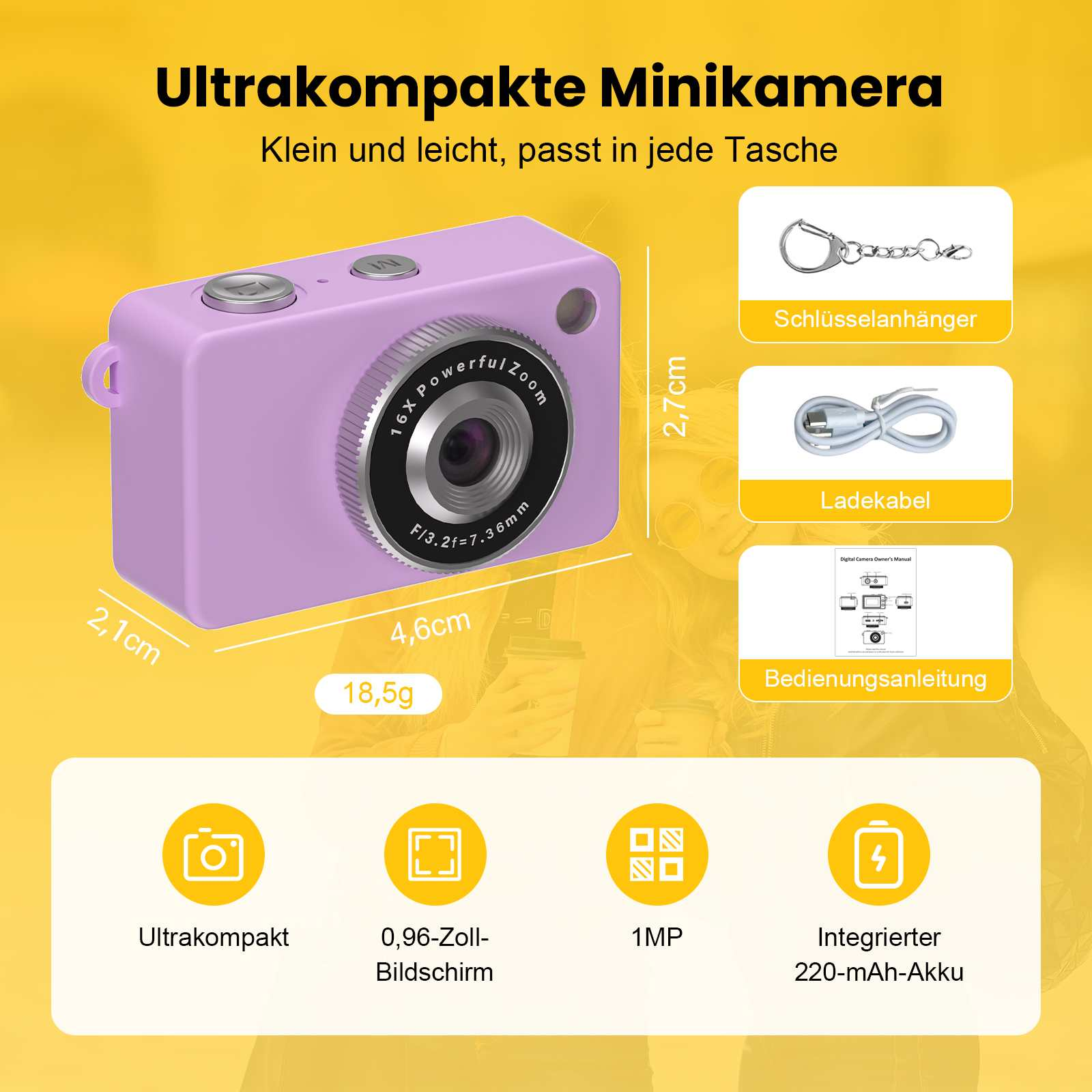 Kleine lila Digitalkamera mit 16-fach Zoom, 2,1cm x 4,6cm x 2,7cm, 18,5g. Inklusive Schlüsselbund, Kabel, Anleitung.