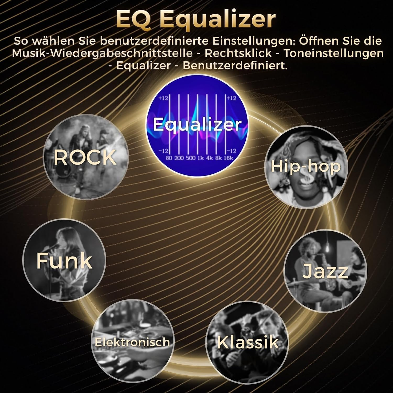 Anzeige eines Equalizer-Menüs mit Musikgenres: Rock, Funk, Hip-Hop, Jazz, Klassik, Elektronik.