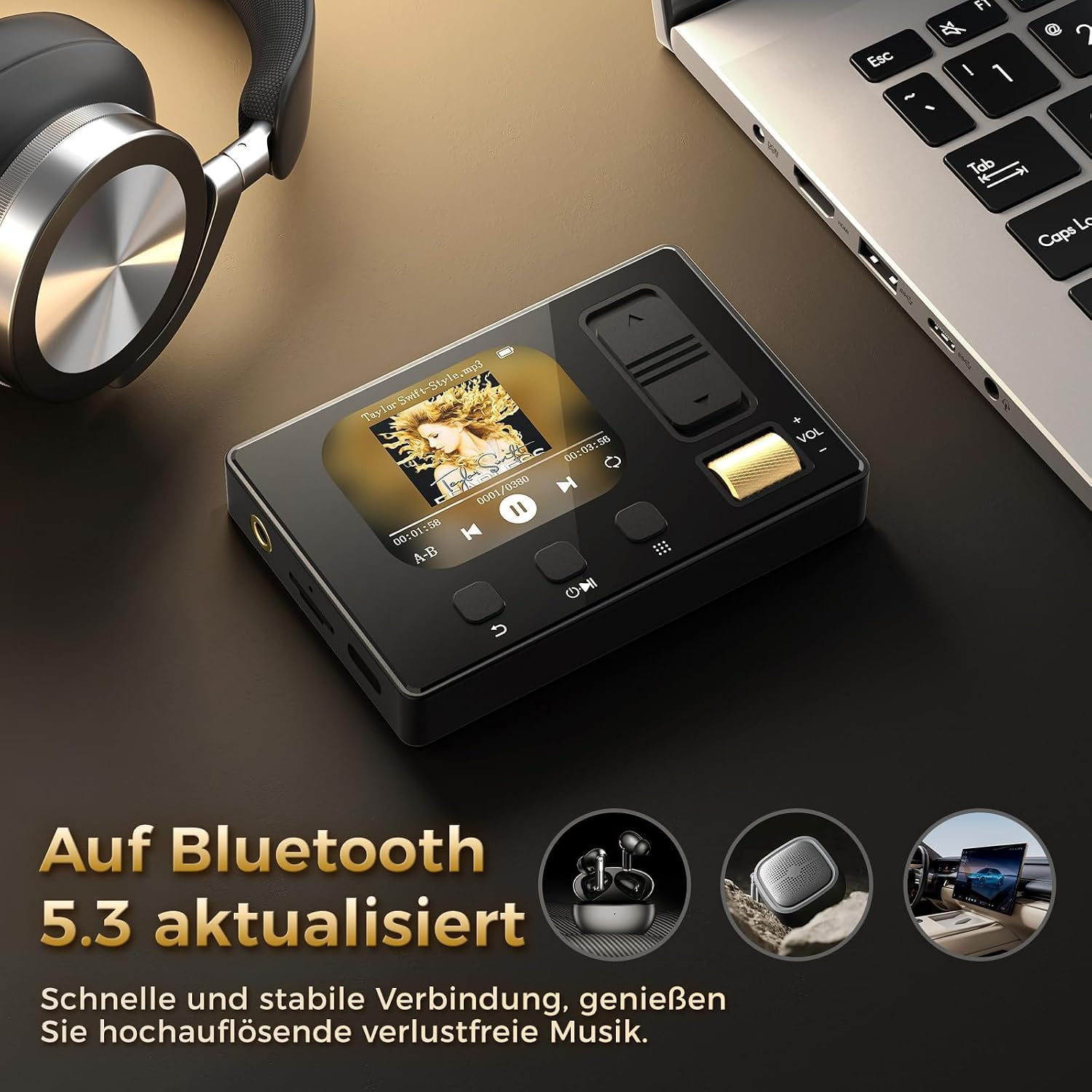 Schwarzer Musikplayer mit Kopfhörern, Laptop und Text über Bluetooth 5.3.
