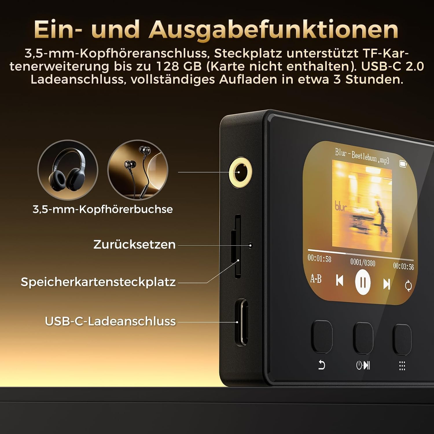Ein Musikplayer mit Kopfhörerbuchse, SD-Kartensteckplatz und USB-C Ladeanschluss.