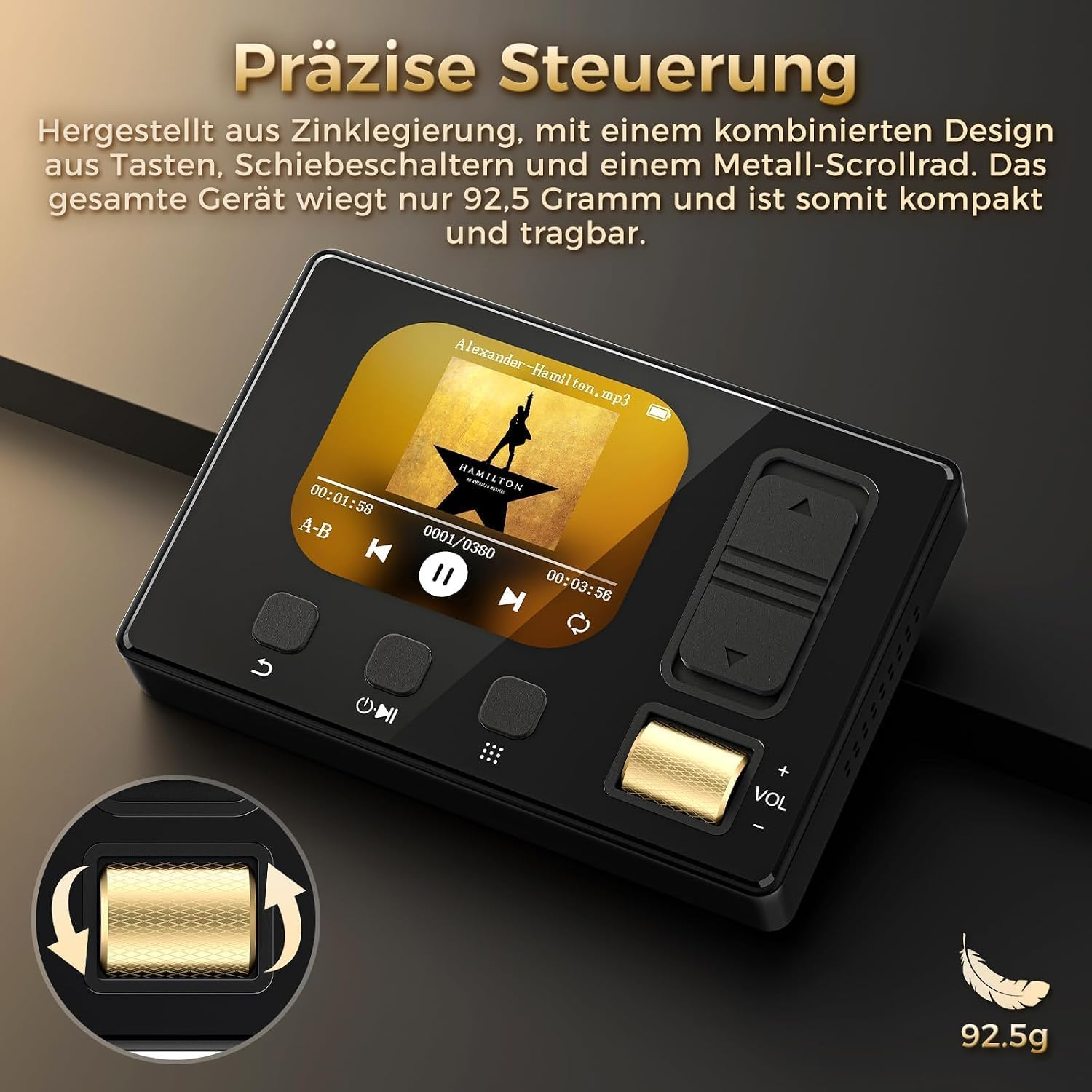Ein schwarzer MP3-Player mit goldenem Scrollrad und Bildschirm, der Musik wiedergibt.