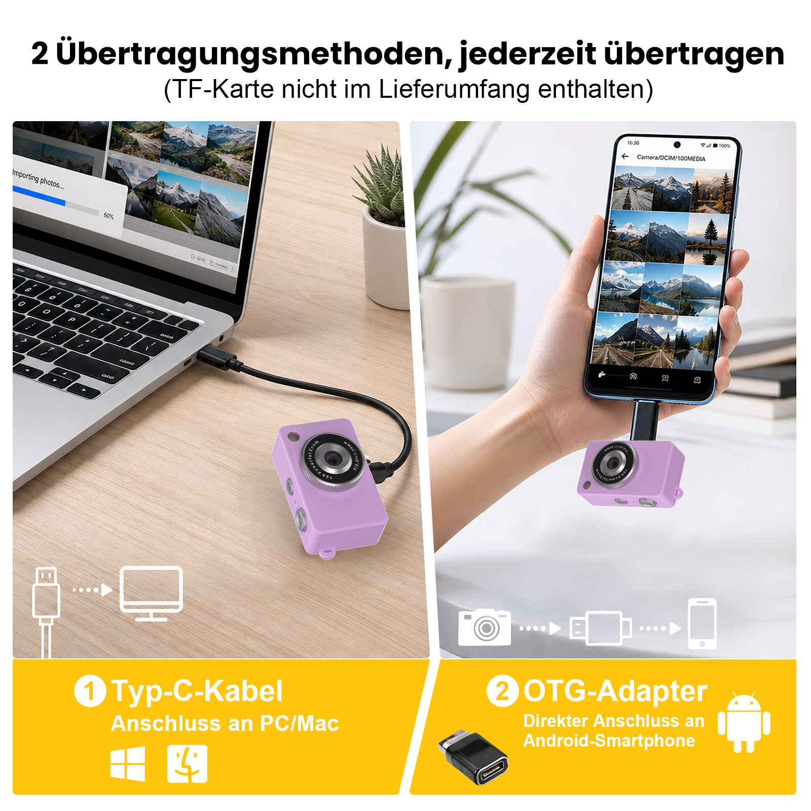 Ein lila Mini-Fotoapparat wird an einen Laptop und ein Smartphone angeschlossen.