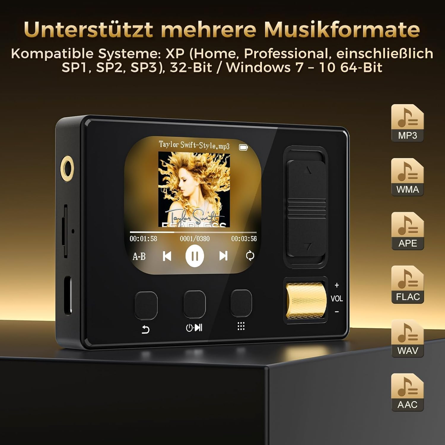 Schwarzer Musikplayer mit Taylor Swift-Cover, unterstützt MP3, WMA, APE, FLAC, WAV, AAC.