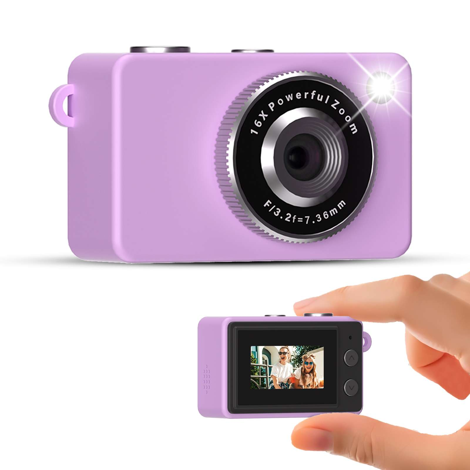 Lila Digitalkamera mit 16-fachem Zoomobjektiv. Kleine Kamera in der Hand zeigt Bildschirmbild.