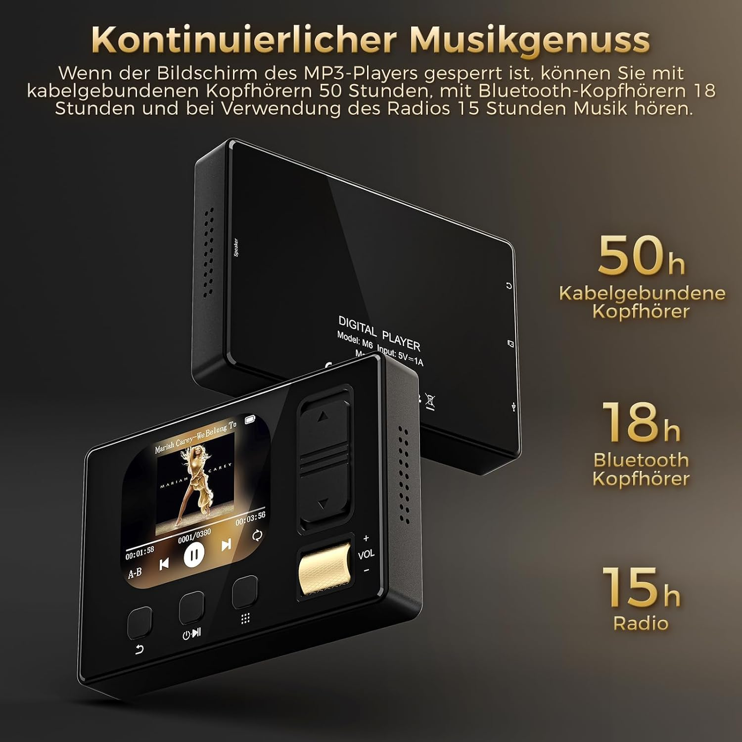 Schwarzer MP3-Player mit Bildschirm zeigt Musikwiedergabe an. Bietet 50h Kabel, 18h Bluetooth, 15h Radio.