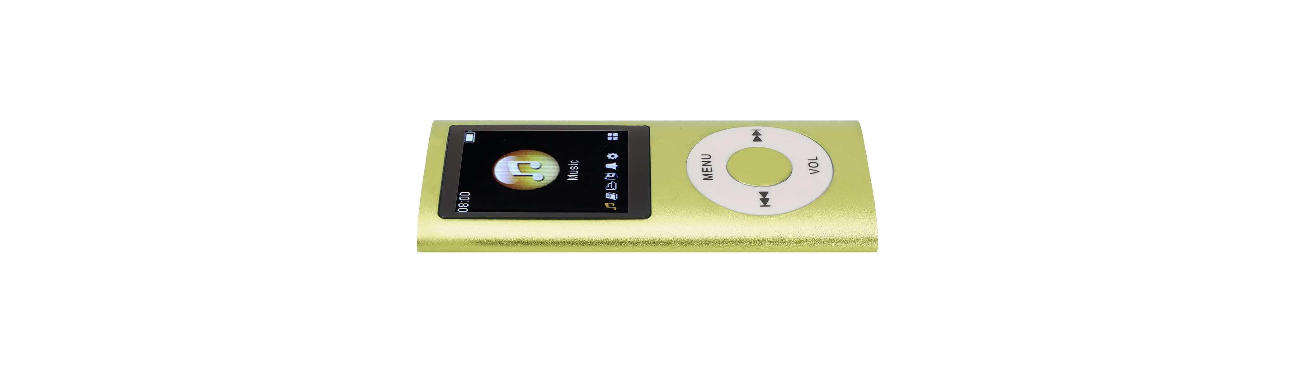 Ein hellgrüner MP3-Player mit schwarzem Bildschirm und runden Bedienelementen.