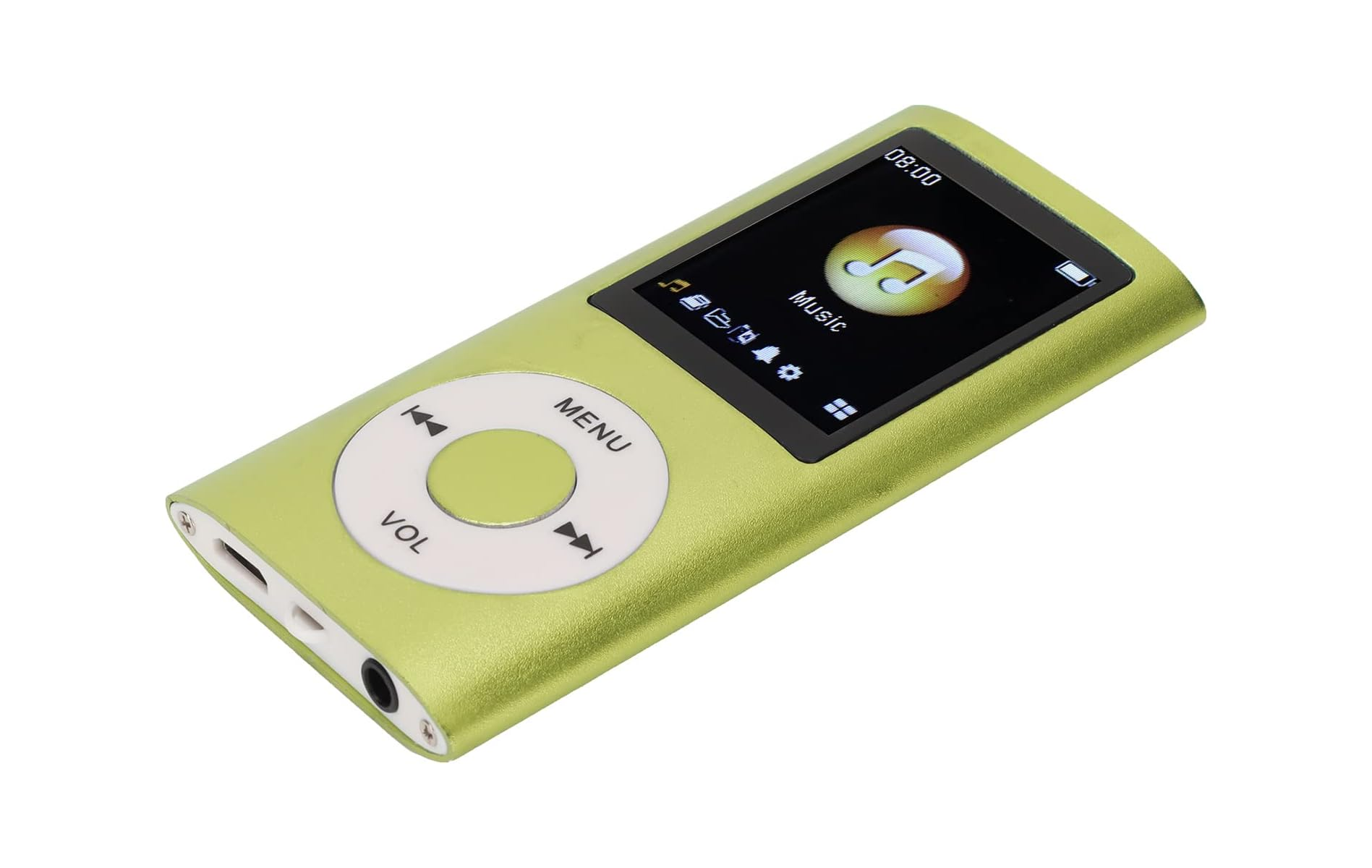 Grüner MP3-Player mit Musiknotensymbol auf dem Bildschirm und Bedienelementen.