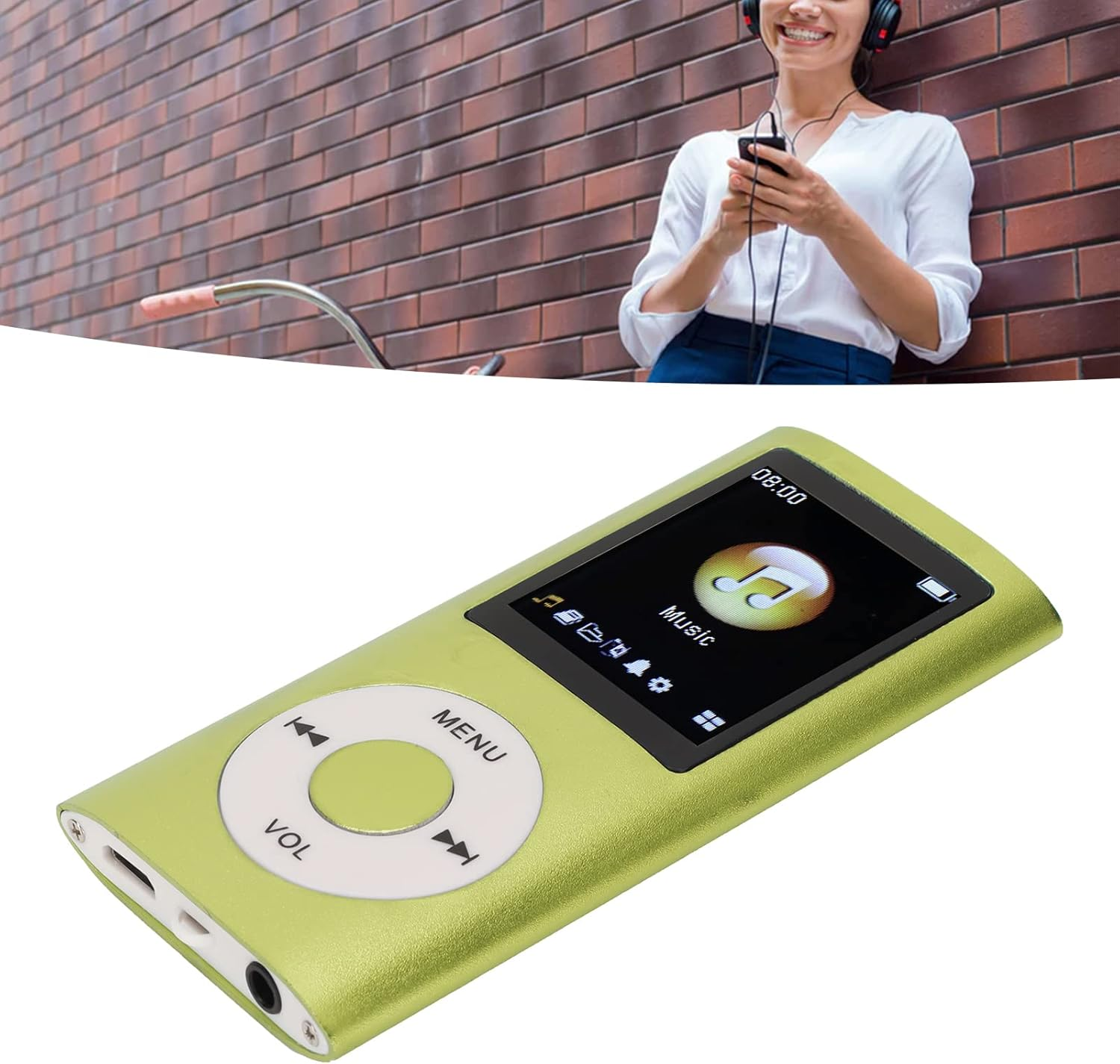 Ein grüner MP3-Player mit Musiksymbol auf dem Bildschirm liegt auf einem weißen Hintergrund.