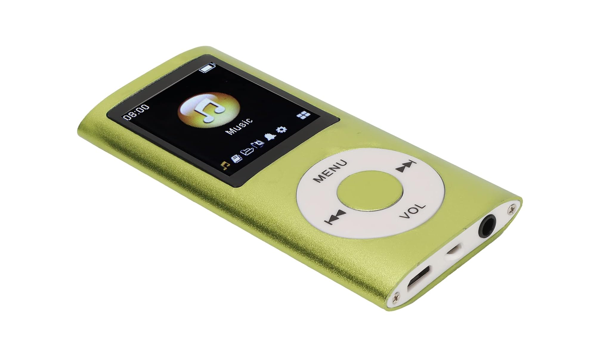 Ein hellgrüner MP3-Player mit einem kleinen Bildschirm und Steuertasten.