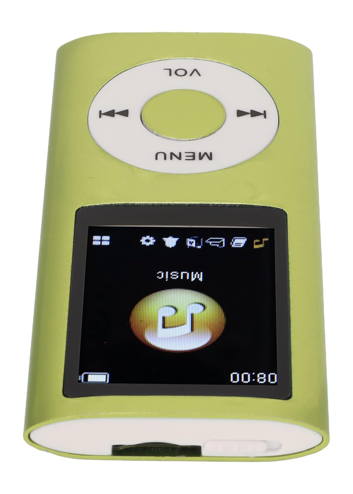 Grüner MP3-Player mit Musiksymbol auf dem Bildschirm und Lautstärketasten.