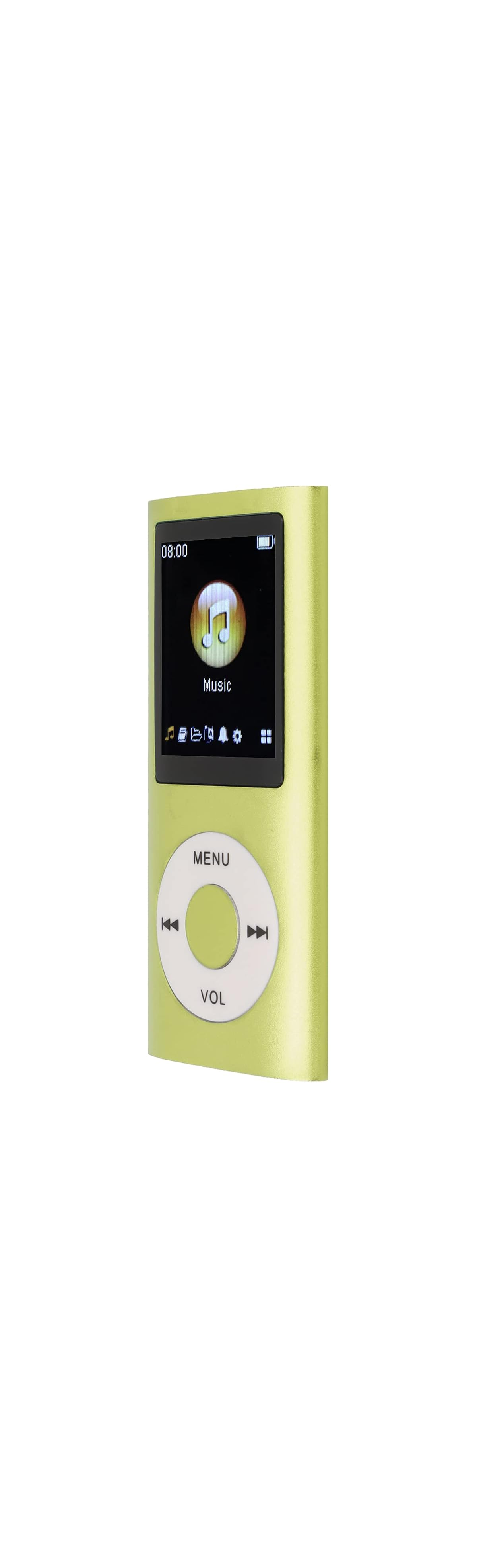 Ein hellgrüner MP3-Player mit einem schwarzen Bildschirm, der Musik anzeigt.