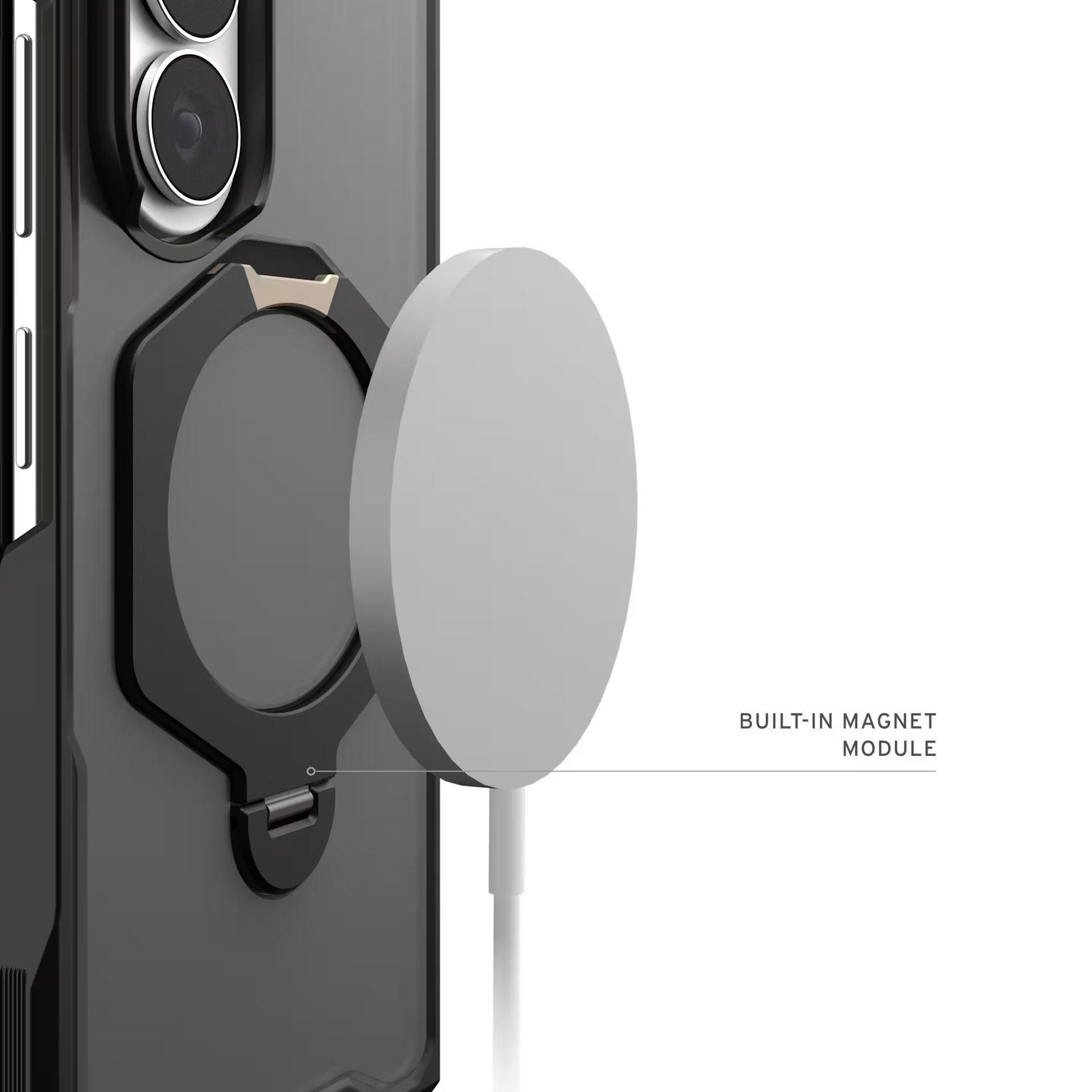 Primer plano de un teléfono en una funda negra con un accesorio magnético circular en la parte trasera, etiquetado como 'BUILT-IN MAGNET MODULE'.