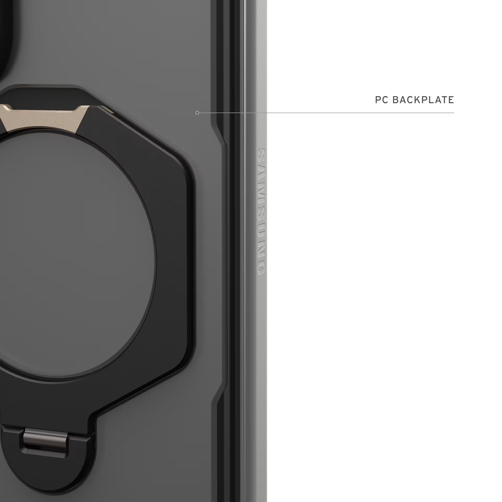 Primer plano de una funda de teléfono negra con soporte de anillo y logo SAMSUNG.