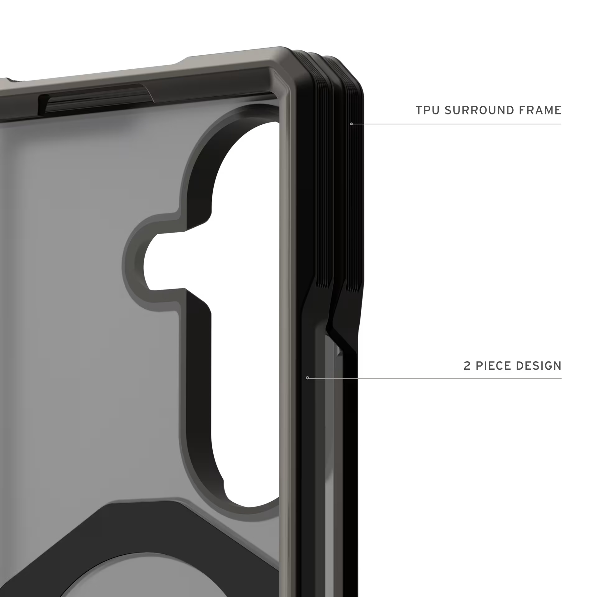 Funda de teléfono gris con marco negro, diseño de 2 piezas.