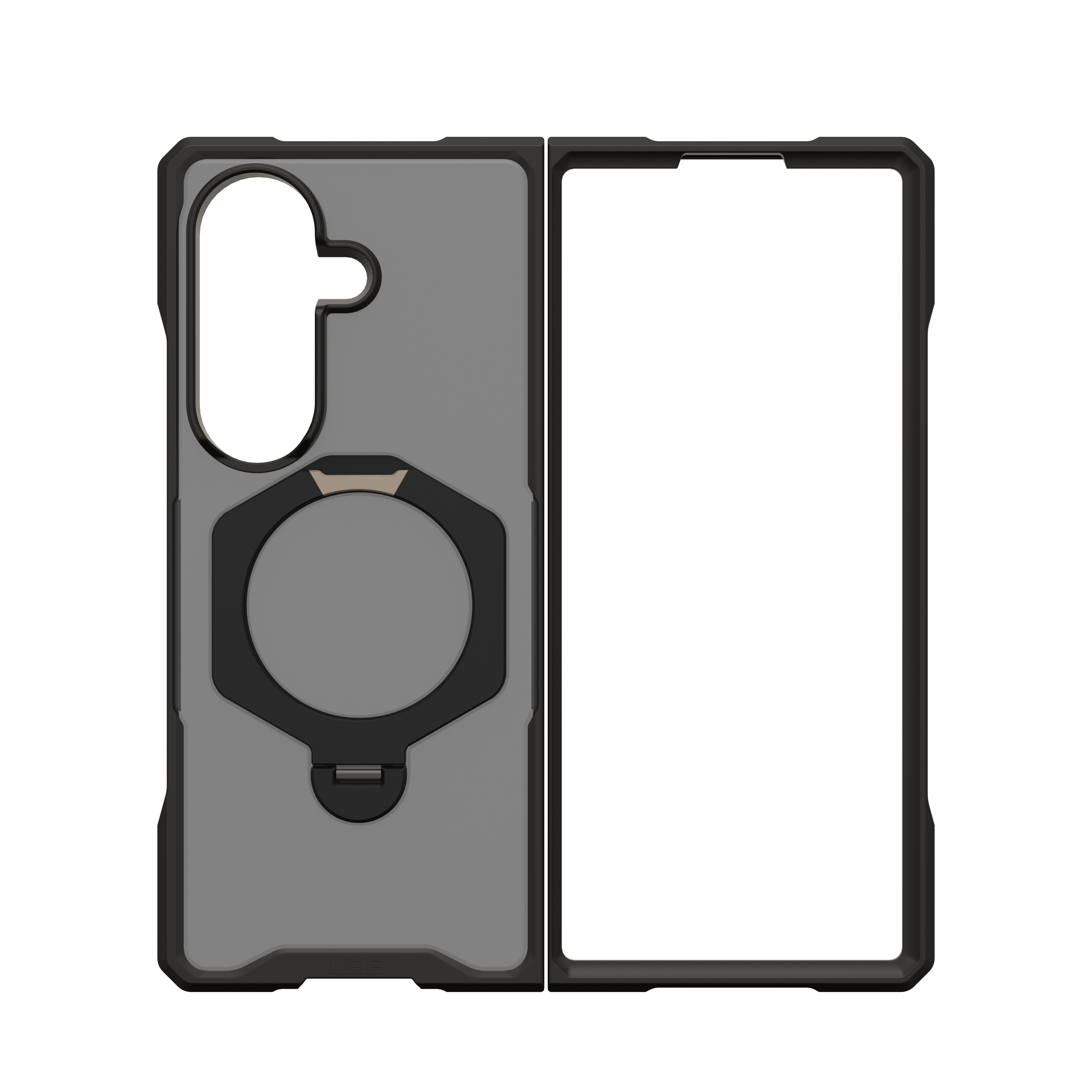 Funda de teléfono gris y negra con soporte de anillo e inserción transparente.