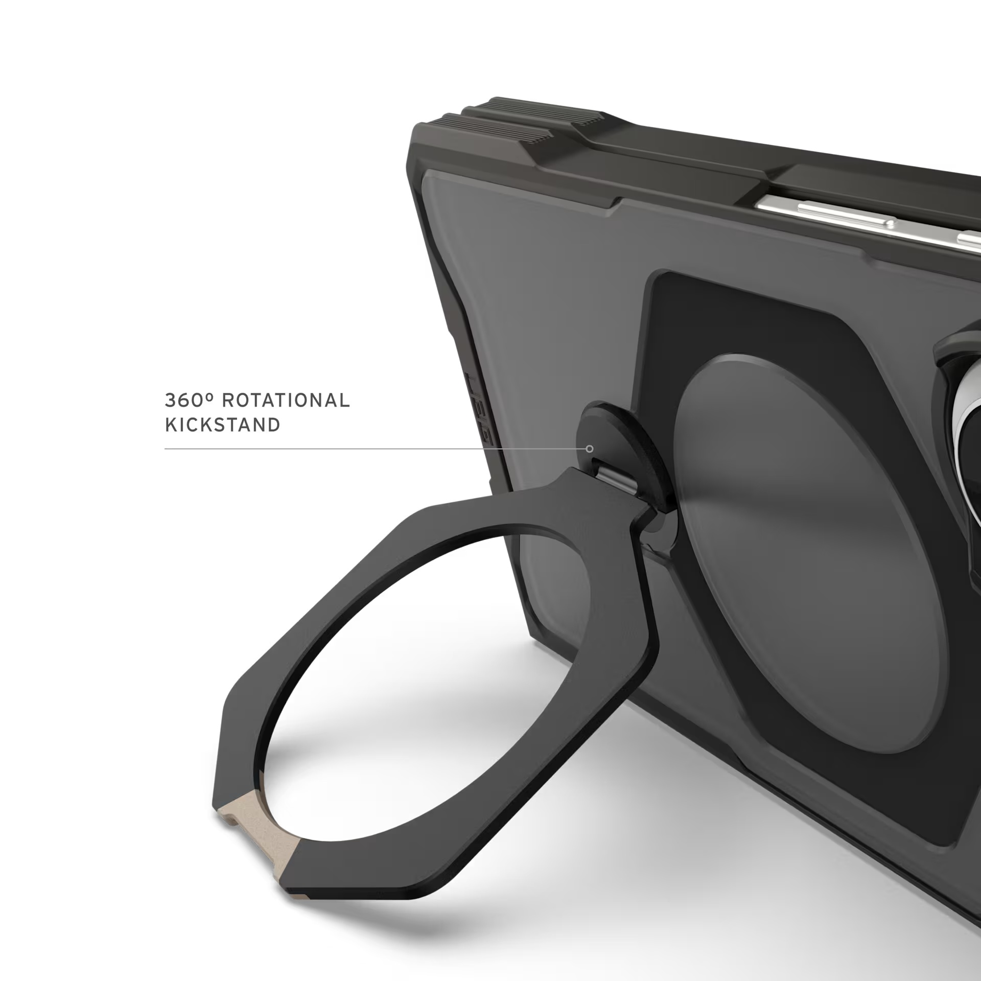Funda de teléfono negra con soporte giratorio de 360 y soporte de anillo.