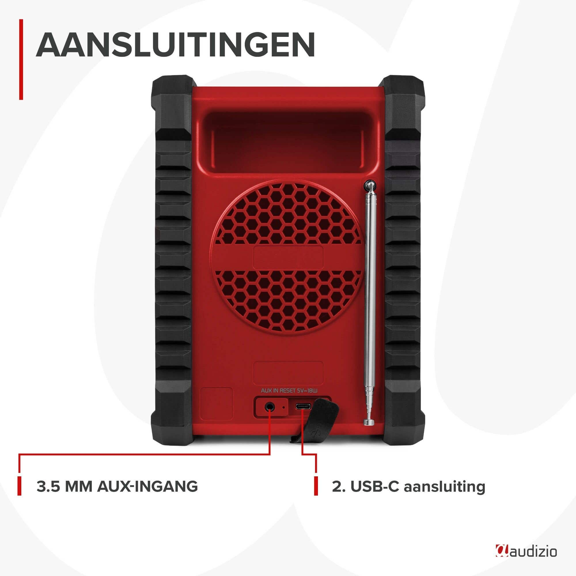 Roter Lautsprecher mit Anschlüssen: 3,5-mm-AUX-IN und USB-C.